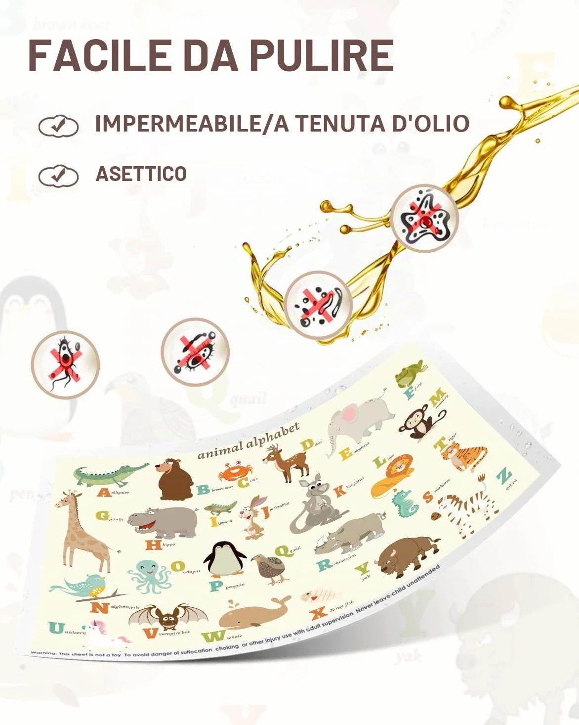 Tovagliette adesive usa e getta, confezione da 40 pezzi, per neonati e bambini, tovagliette da ristorante, 30,5 x 45,7 cm, tovaglietta per bambini, tema alfabeto animale