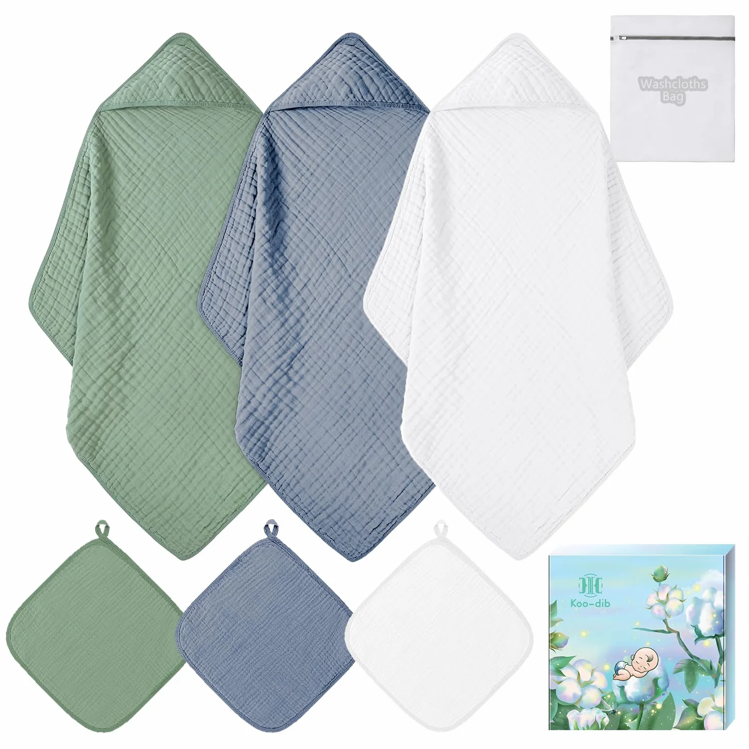 Accappatoio Neonato 0-3 Mesi E 6-12 Mesi Con 6 Asciugamano, Quadrotti Cotone E Mussole Cotone, Ideale Regalo Per Femmina E Maschio, 70x70 CM (Blu & Verde & Bianco)