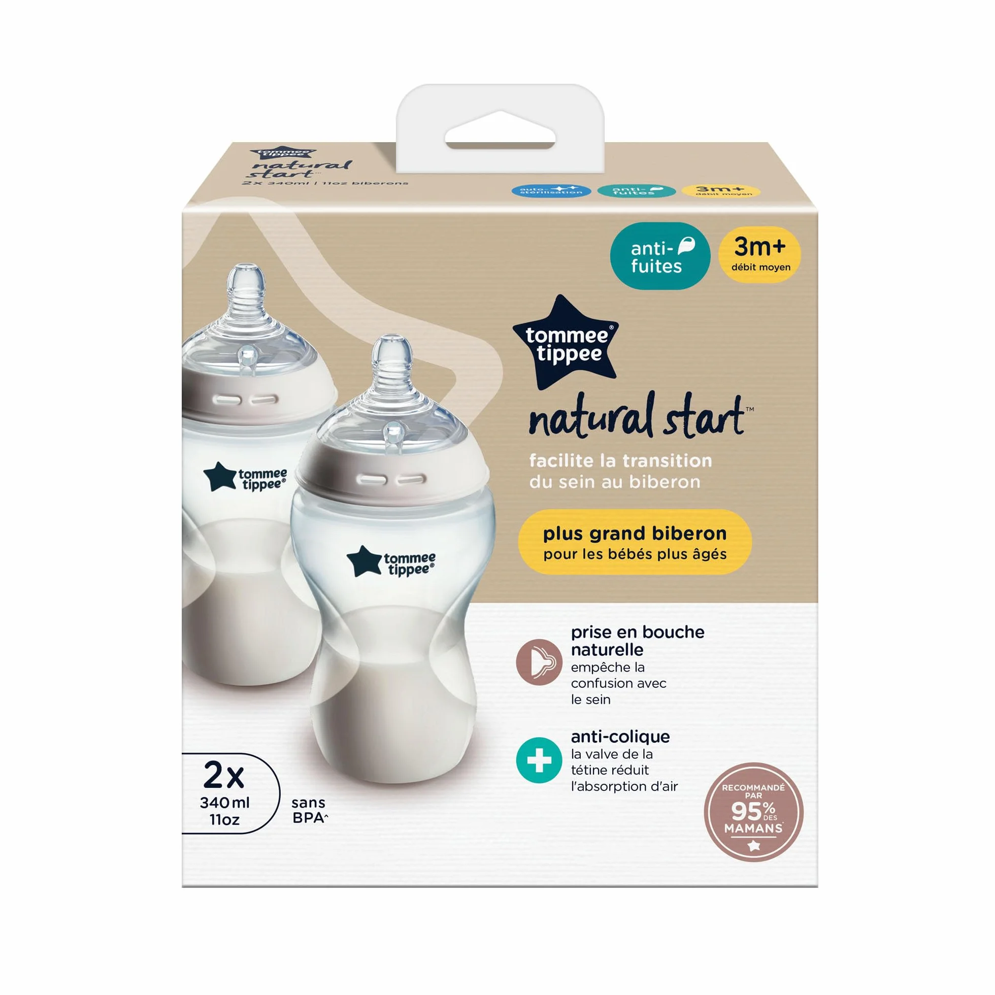 Tommee Tippee biberon anti-colica Natural Start 340ml, con tettarella simile al seno materno, valvola anti-colica, autosterilizzante, 2 pezzi