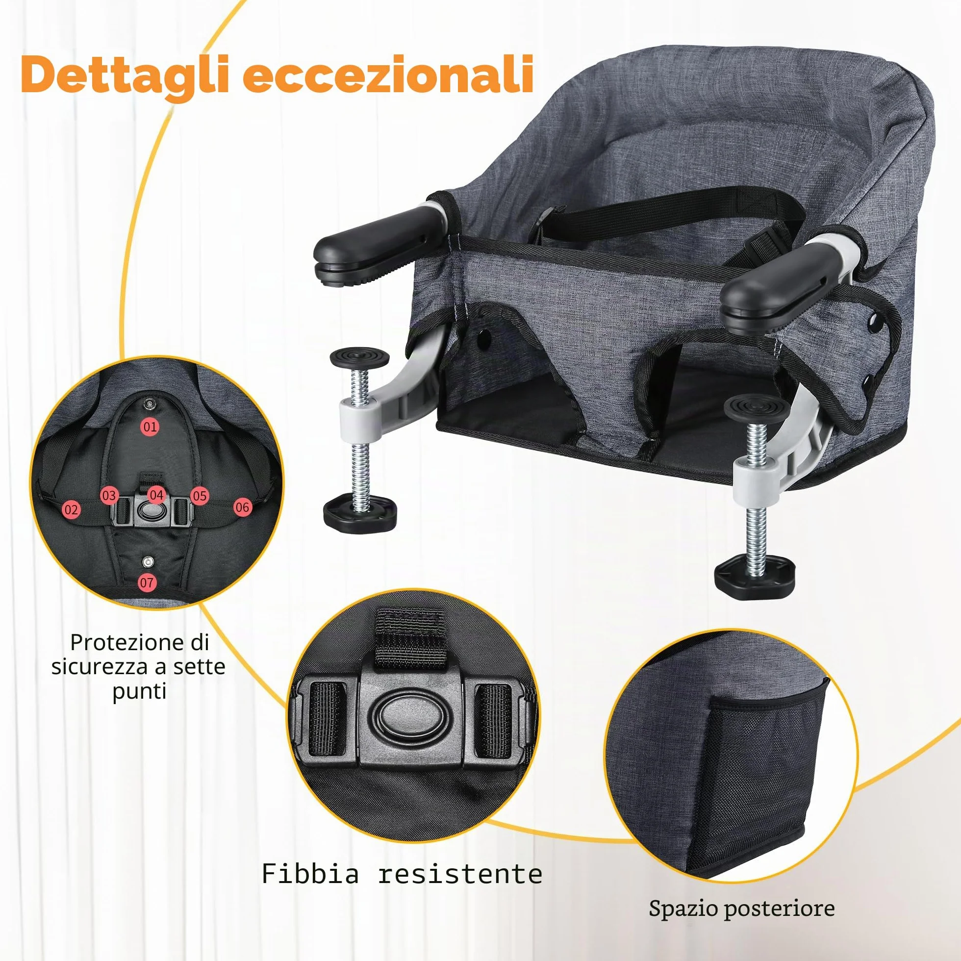 Toogel Seggiolini da Tavolo, Seggiolone Pieghevole Portatile con Imbracatura di Sicurezza, Baby Seggiolino da Tavolo con Borsa da Trasporto per Casa e Viaggi (Grigio)