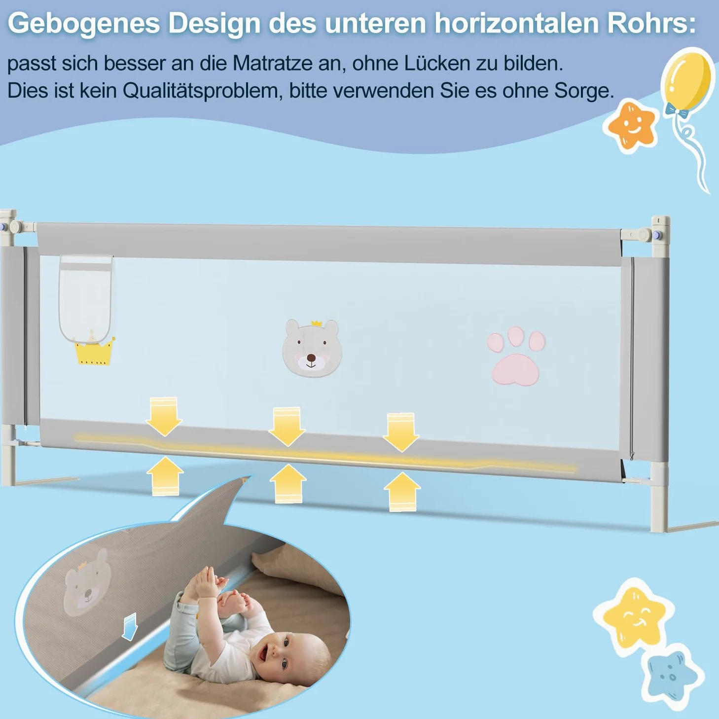 Ikodm Griglia di protezione da caduta, 200 cm x 2 + 180 cm x 1 cm, per lettino e letto dei bambini, regolabile in altezza, 70 – 98 cm, grigio