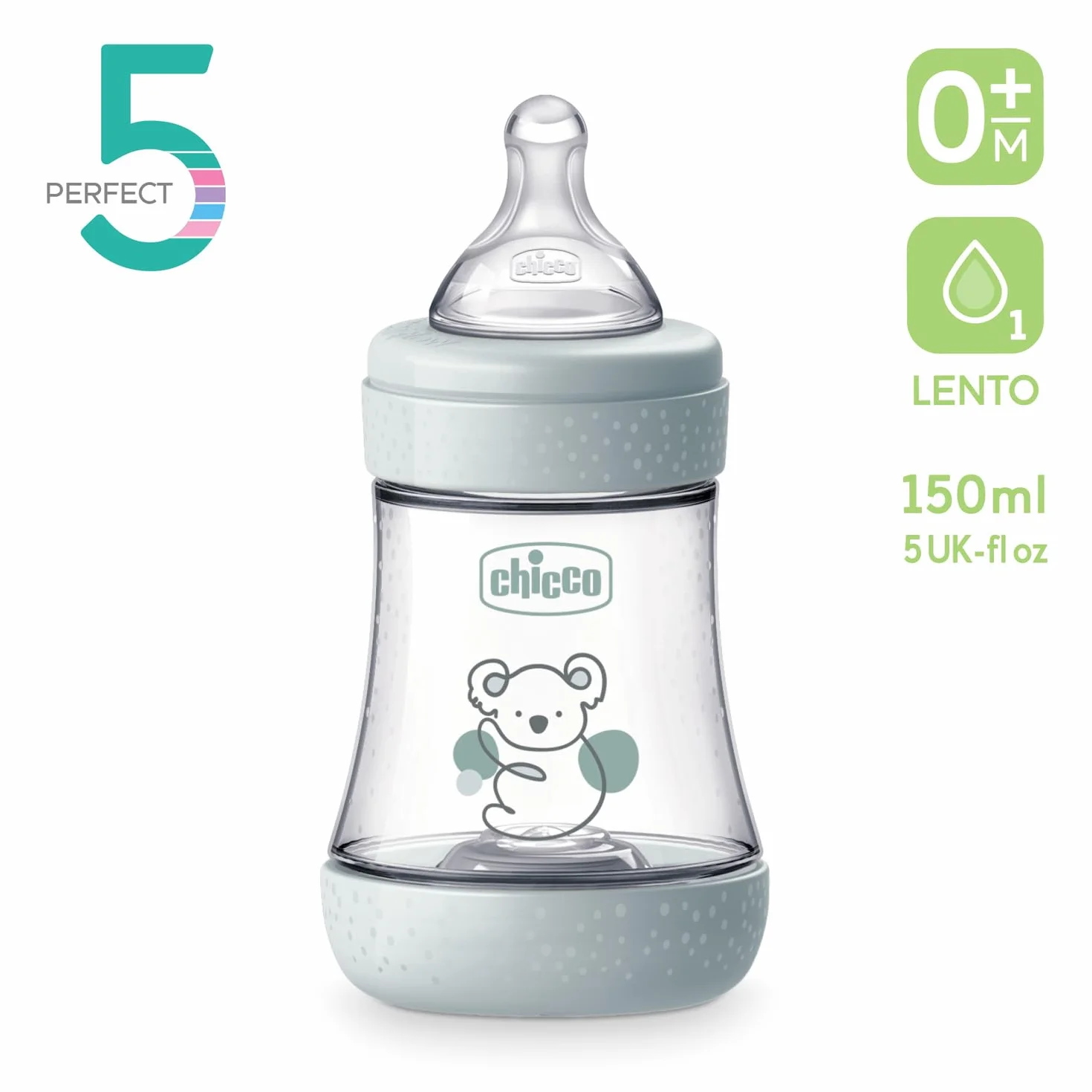 Chicco PERFECT 5, Doppio Biberon Anticolica da 150 ml, Biberon Flusso Lento da 0 Mesi + con Tettarella in Morbido Silicone, Biberon simil seno materno, Biberon anticolica per allattamento misto
