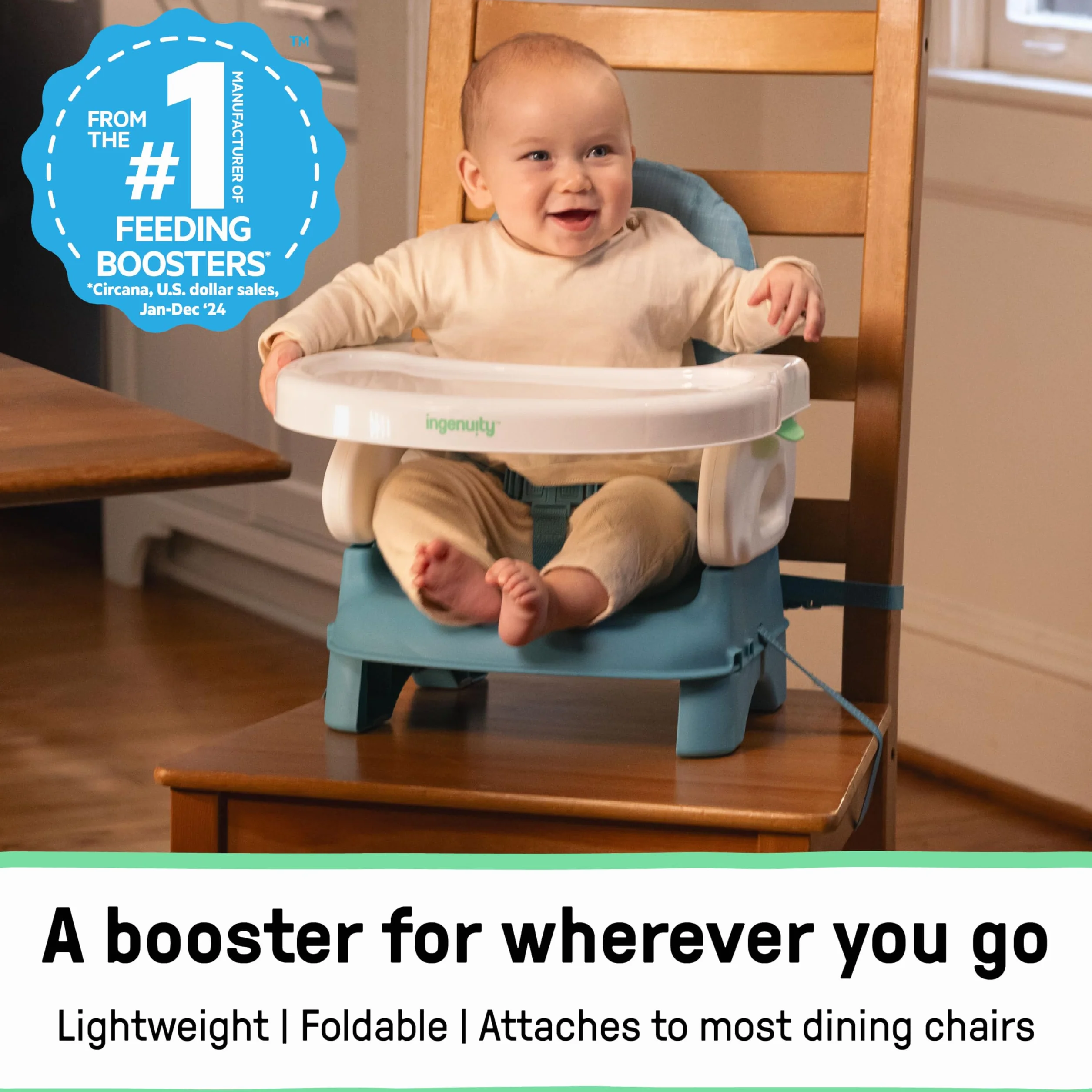 Ingenuity, Deluxe Comfort Seggiolino da Tavolo per Bambini Pieghevole, Altezza Regolabile, Imbottito, Leggero, Teal, 6M-3Y