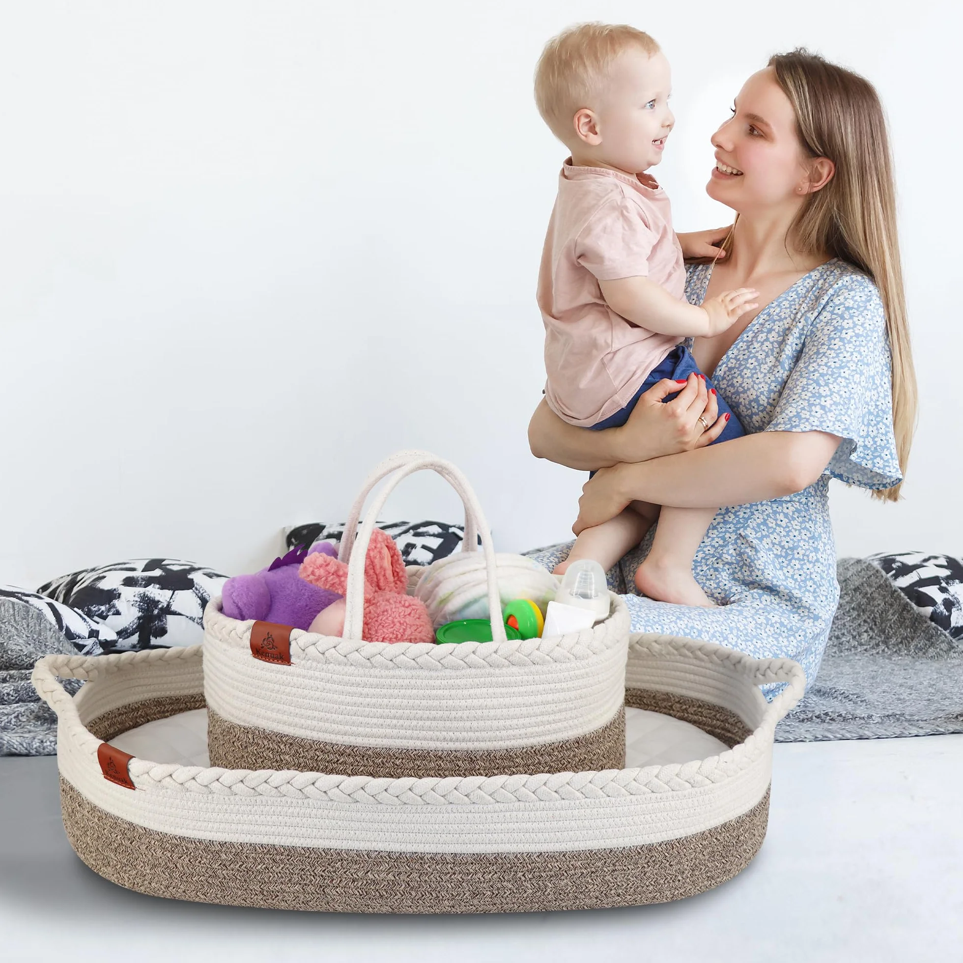 Cesta Fasciatoio per Bambini, Cestino per Neonati Portatile con Materasso Impermeabile, Cestino Fasciatoio con Materasso Impermeabile e Rivestimento Sfoderabile, Moses Cestino (terre)