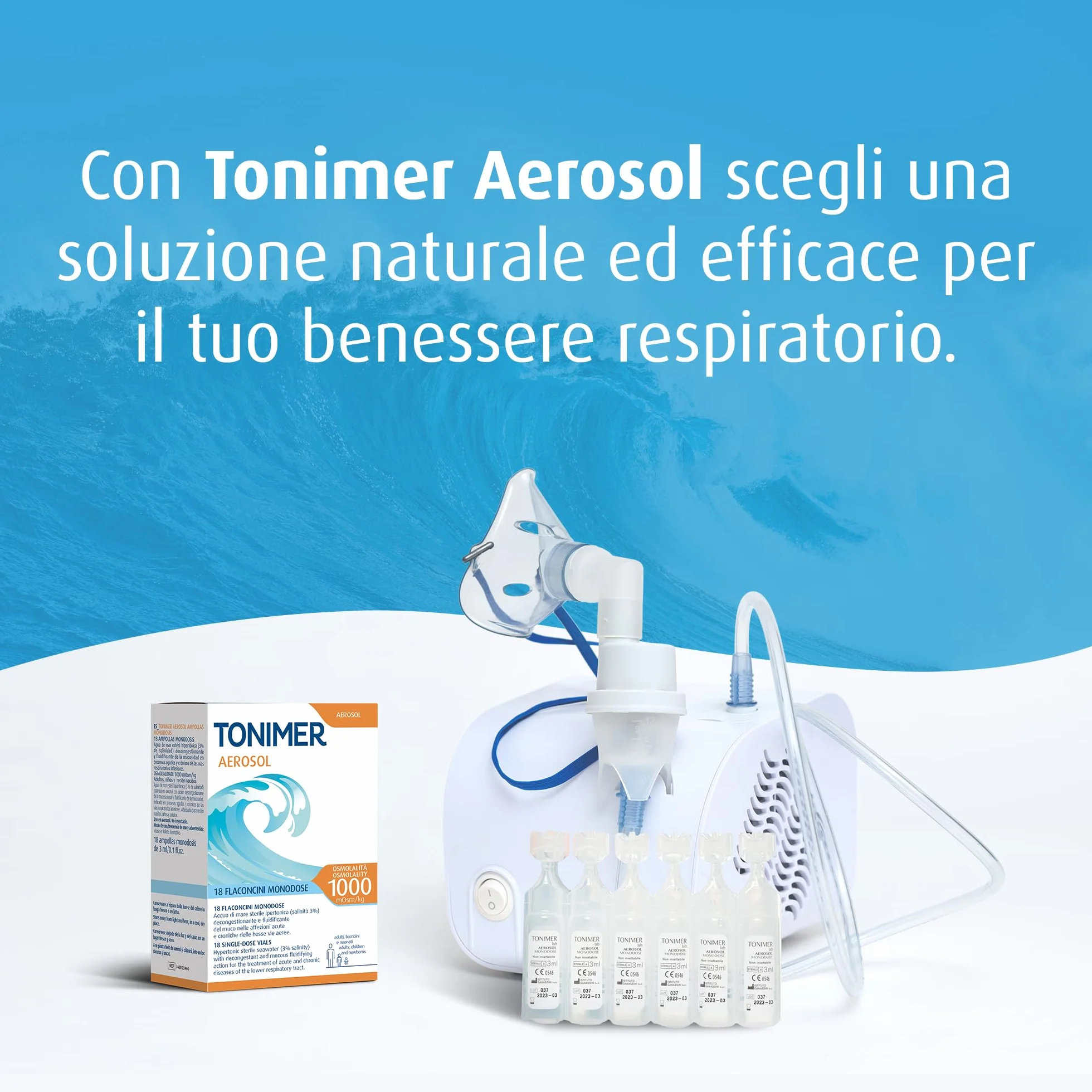 Tonimer Aerosol 1000-18 flaconcini monodose - Acqua di Mare Sterile Ipertonica (salinità 3%) - Decongestionante e Fluidificante del Muco - Adatta a Neonati, Bambini e Adulti