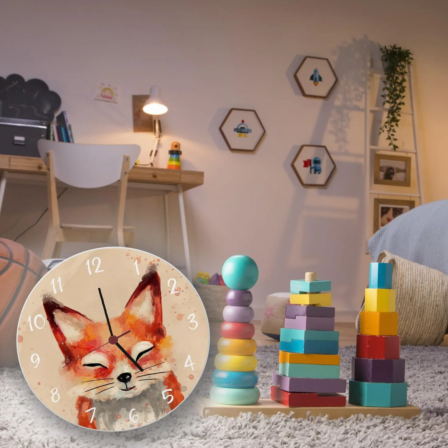 Orologio da parete a forma di volpe con effetto acquerello, bellissimo orologio per la cameretta dei bambini con simpatica volpe come decorazione per la cameretta dei bambini