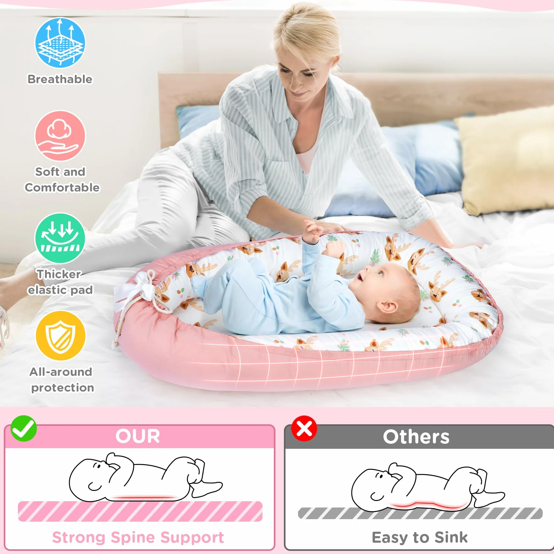 URMYWO Riduttore Lettino Neonato 90x55 cm Cuscino Doppia Faccia Riduttore per Culla Neonato in Cotone 100% Puro Fatto a Mano per Massimo Comfort (Rosa)