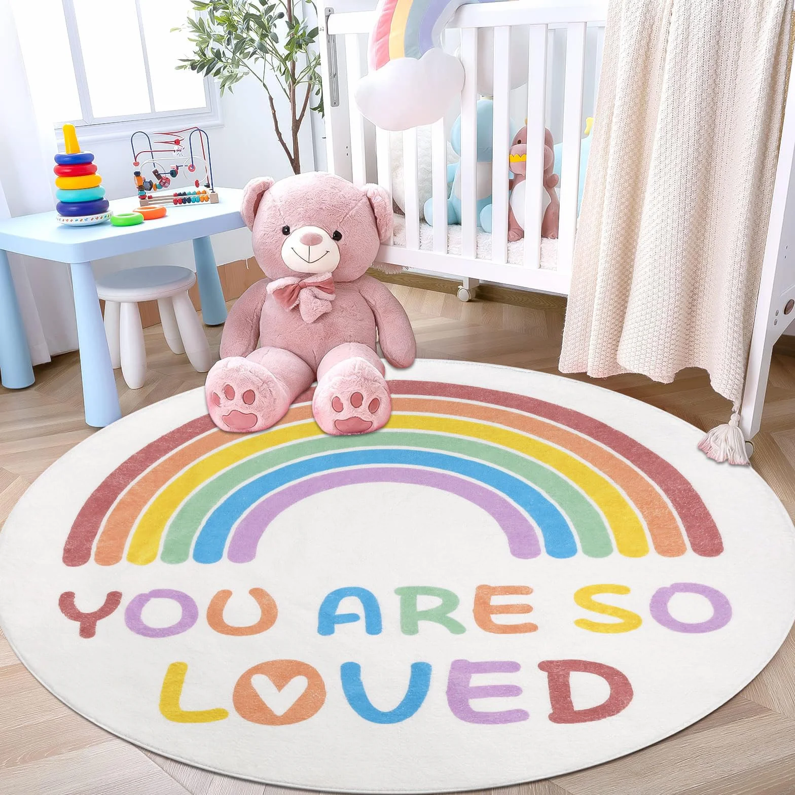 Enyhom Tappeto rotondo da 120 cm, motivo arcobaleno, per cameretta dei bambini, morbido, antiscivolo, lavabile in lavatrice, per gattonare