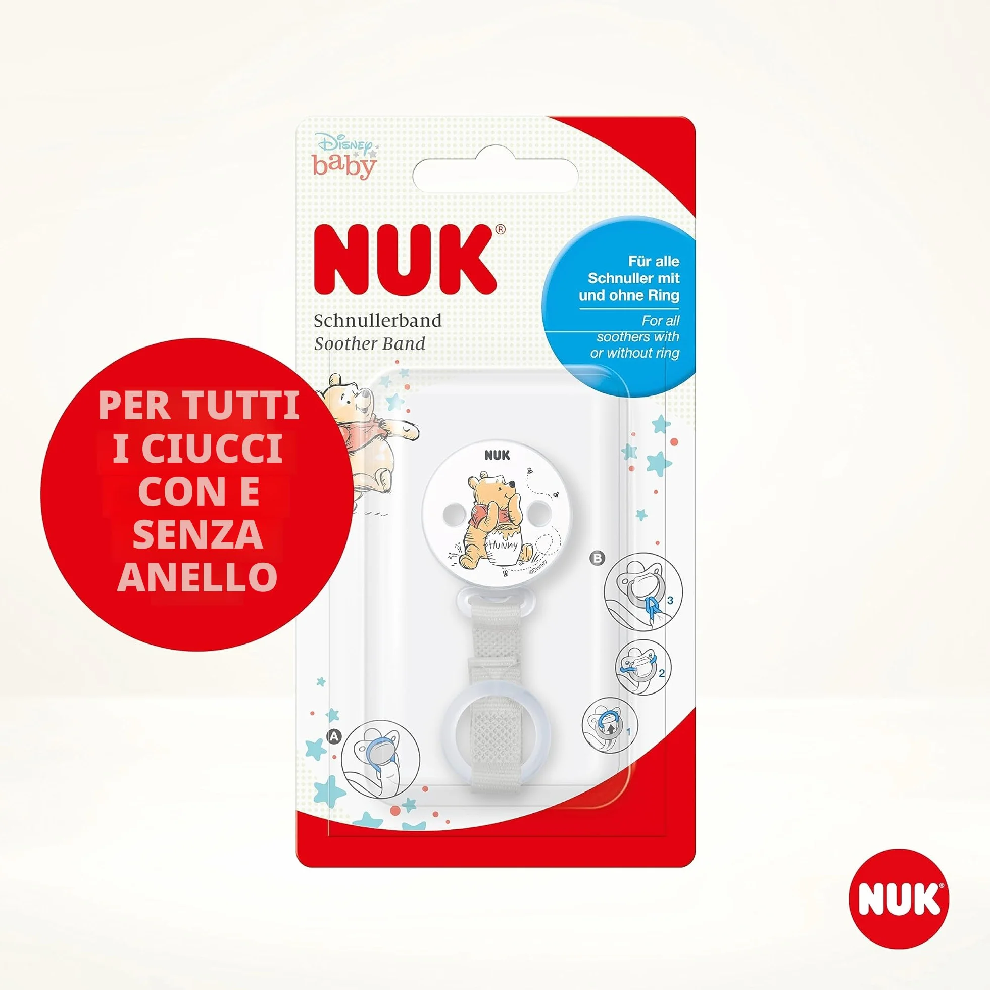 NUK Disney Winnie the Pooh Laccetto portaciuccio e clip con e senza anello | Resistente e infrangibile | 1 pezzo