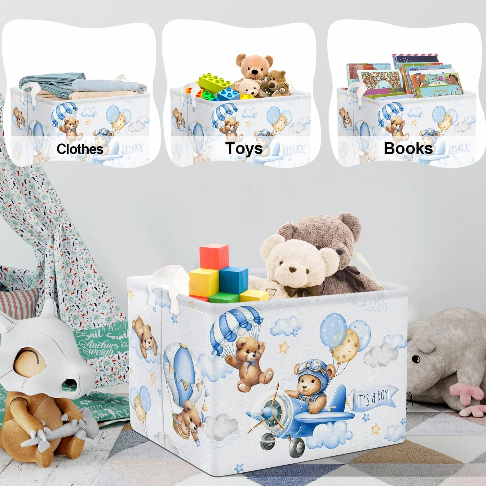 Clastyle Grande Cestino Portaoggetti Orso Pilota Palloncini Blu con Maniglia Ceste per la Biancheria Pieghevole Rettangolare Vestiti Giocattolo per Camera dei Bambini Bagno