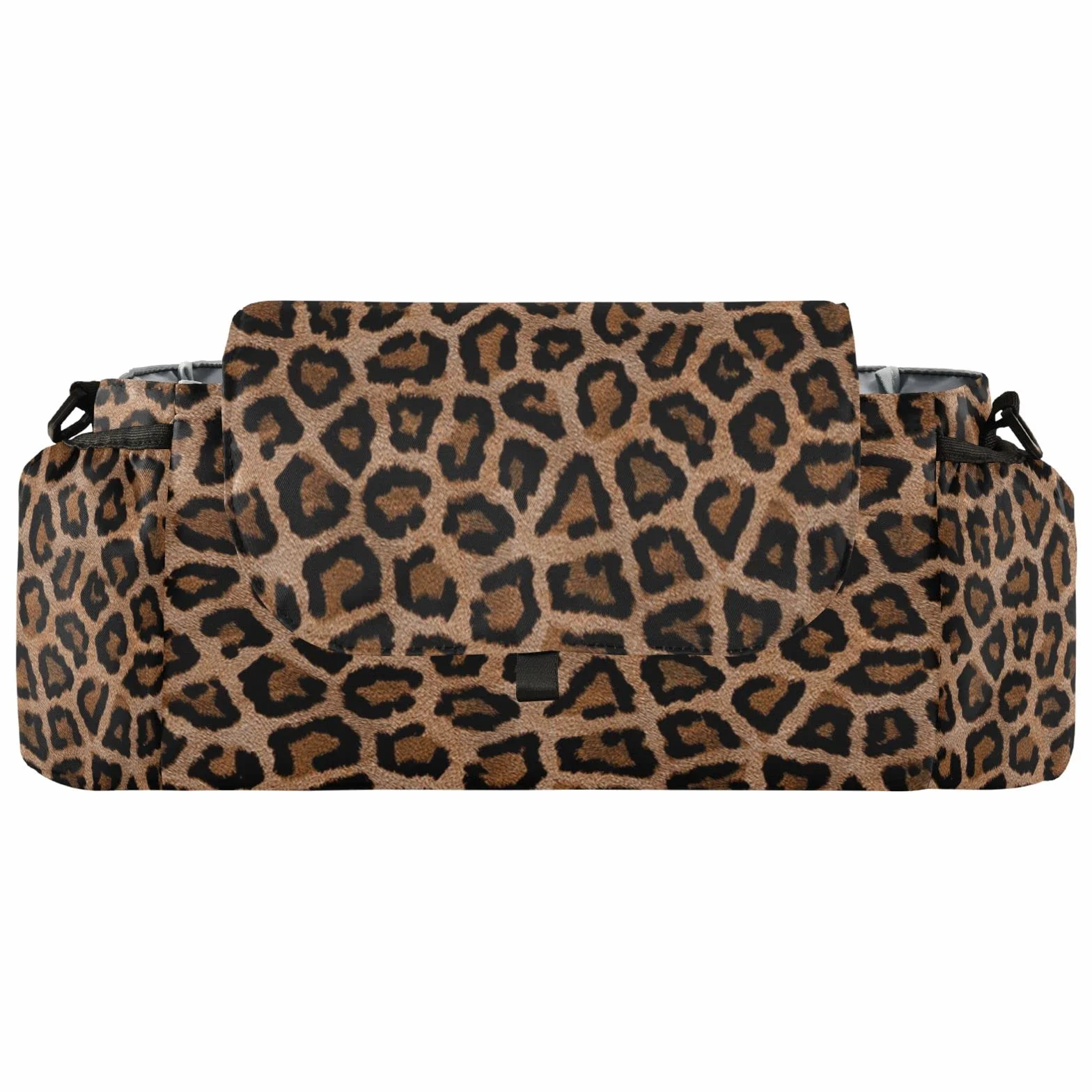 Borsa organizer per passeggino, motivo leopardato, universale, con 2 portabevande, cinghie regolabili, adatta per bottiglie, marrone, moderno