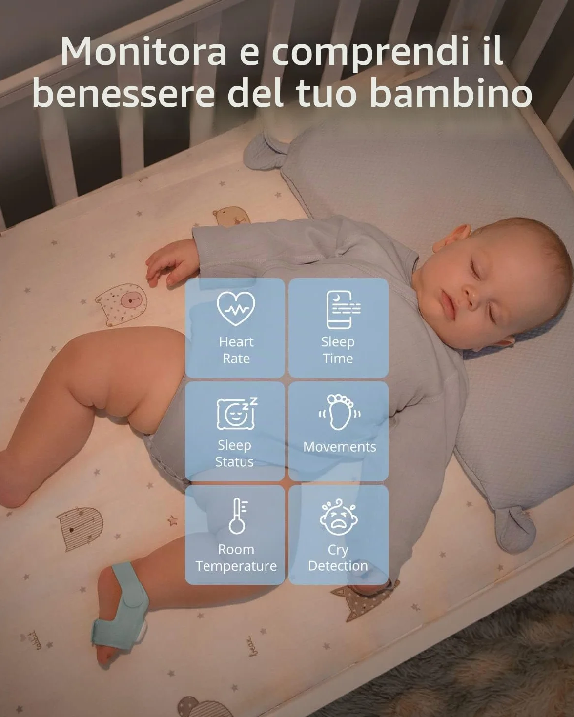 Calzini Intelligente eufy Baby S340, baby monitor Wi-Fi 2,4 GHz, monitoraggio del sonno, ritmo cardiaco, ossigeno nel sangue, telecamera 2K, rilevamento IA del Pianto, Panorama e Inclinazione, senza
