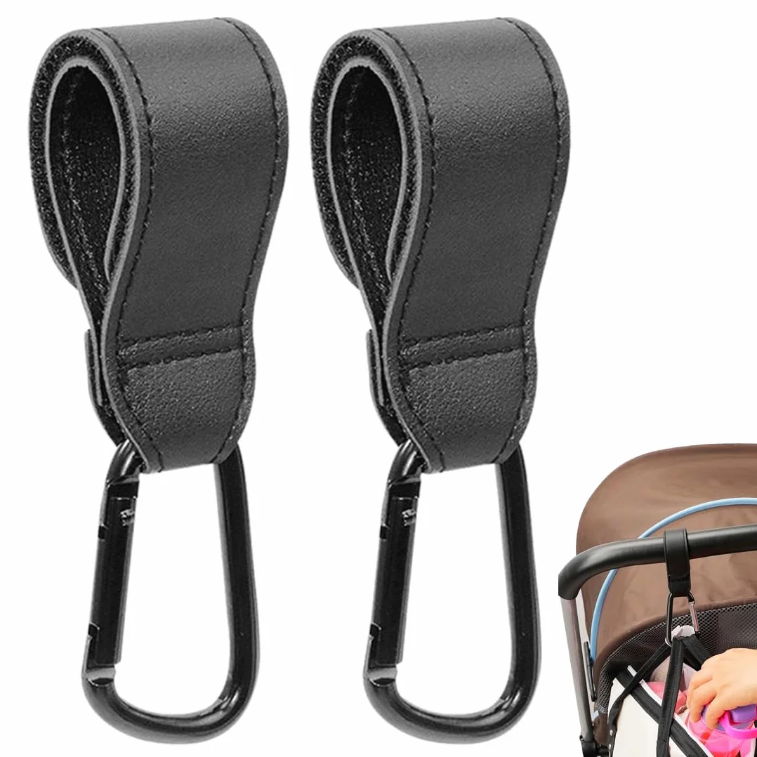 2 Ganci in Pelle Nero, Gancio per Passeggino in Pelle per Pannolini, Accessori Universali per Passeggino, per Borse della Spesa, Zaini e Borse a Mano (Nero)