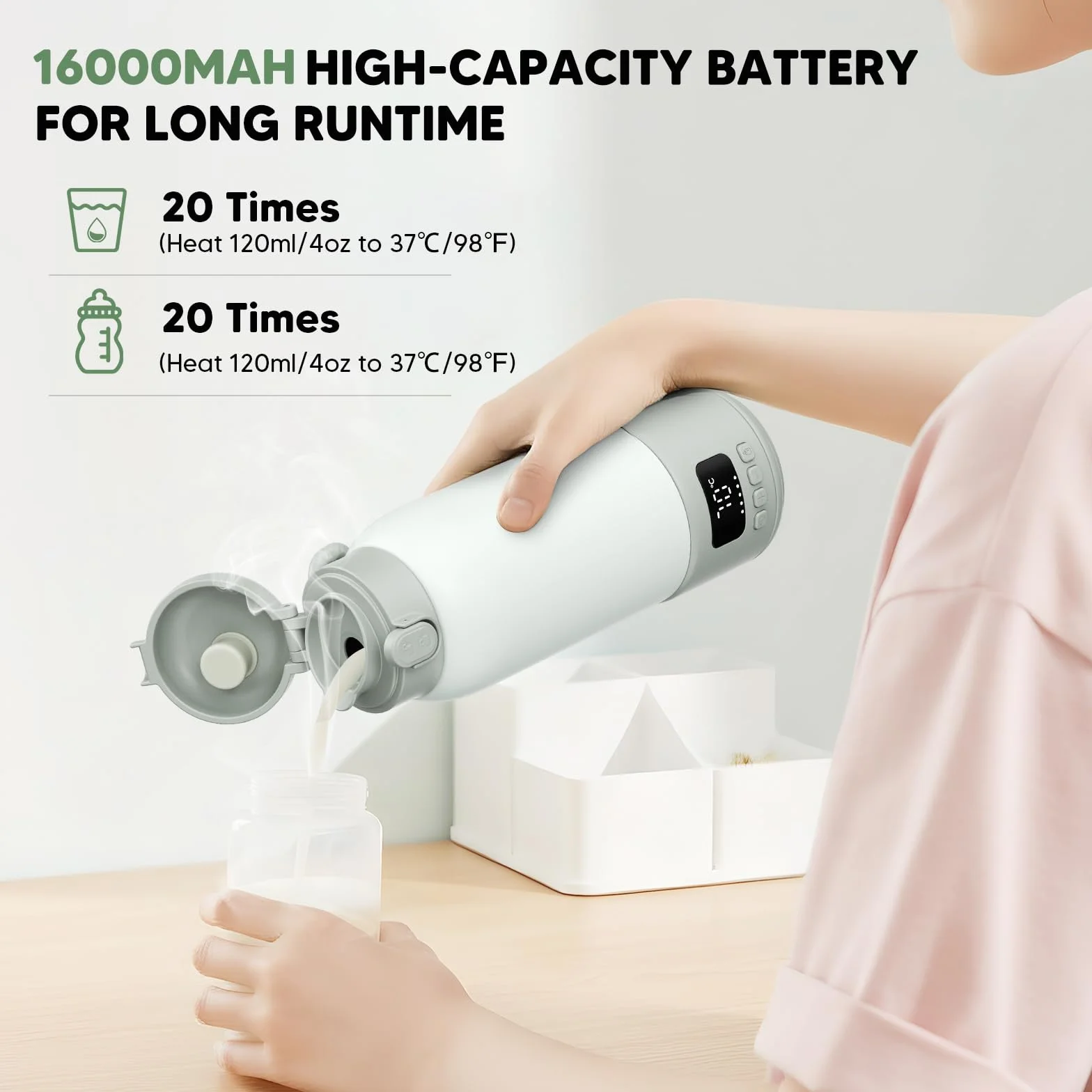 Scaldabiberon Portatile 100W – Riscaldatore Inox Isolato Sottovuoto, Accensione 80 Sec, 500ml, Batteria 16000mAh, 37-70°C Regolabile, 3 Modi Latte, Anti-Perdita – Viaggio e Casa