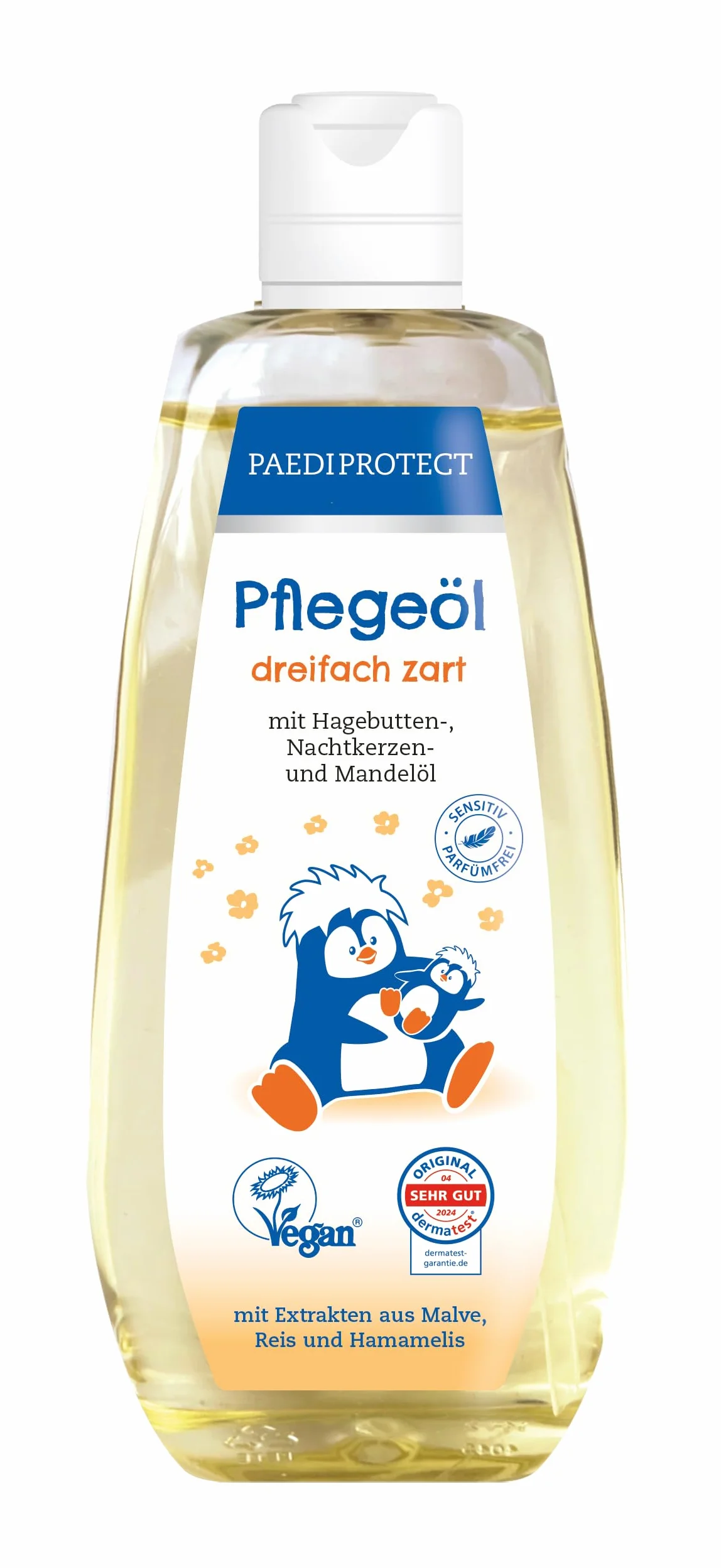 PAEDIPROTECT Olio per la cura di neonati e bambini 200 ml, olio per bambini con olio di mandorle per pelli giovani, olio per il corpo per la cura delicata della pelle e pulizia nella zona del