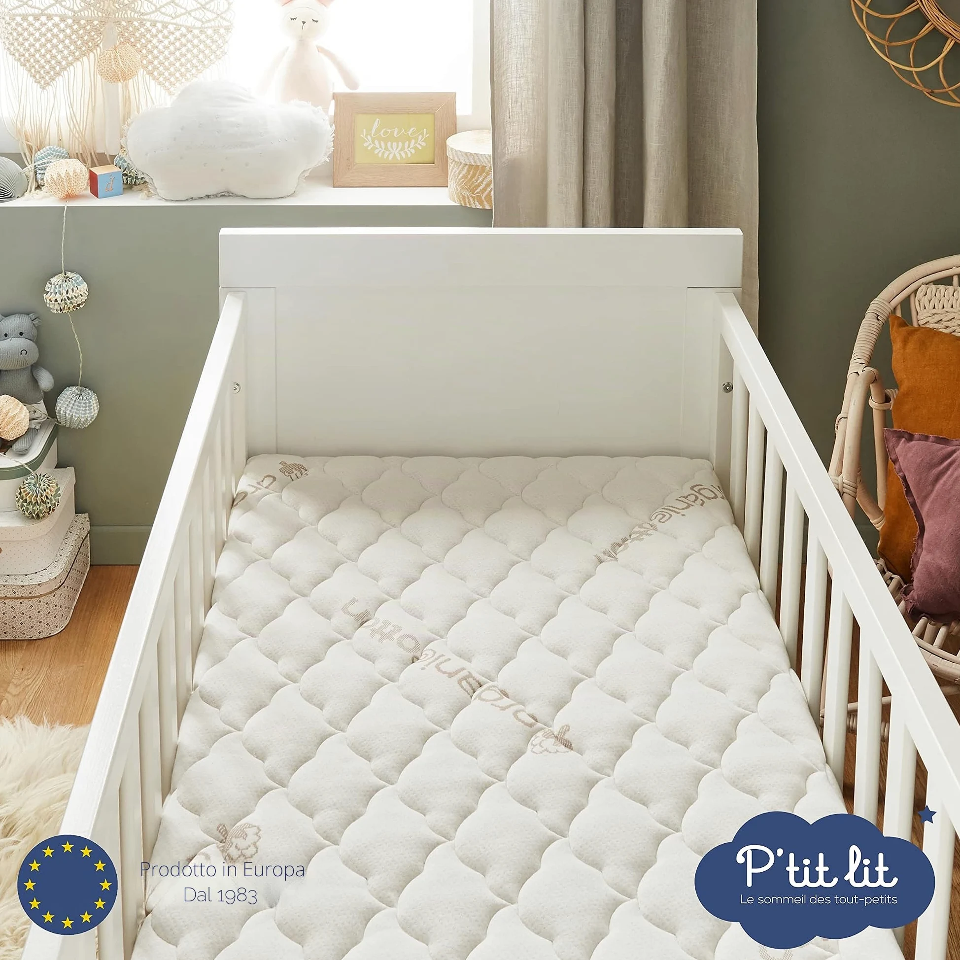 P'tit Lit - Materasso Lettino Cotone Biologico | 60x120 cm | 100% Cotone: Materia naturale di origine vegetale | Senza trattamento chimico | Sfoderabile | OekoTex® | Fabbricazione europea