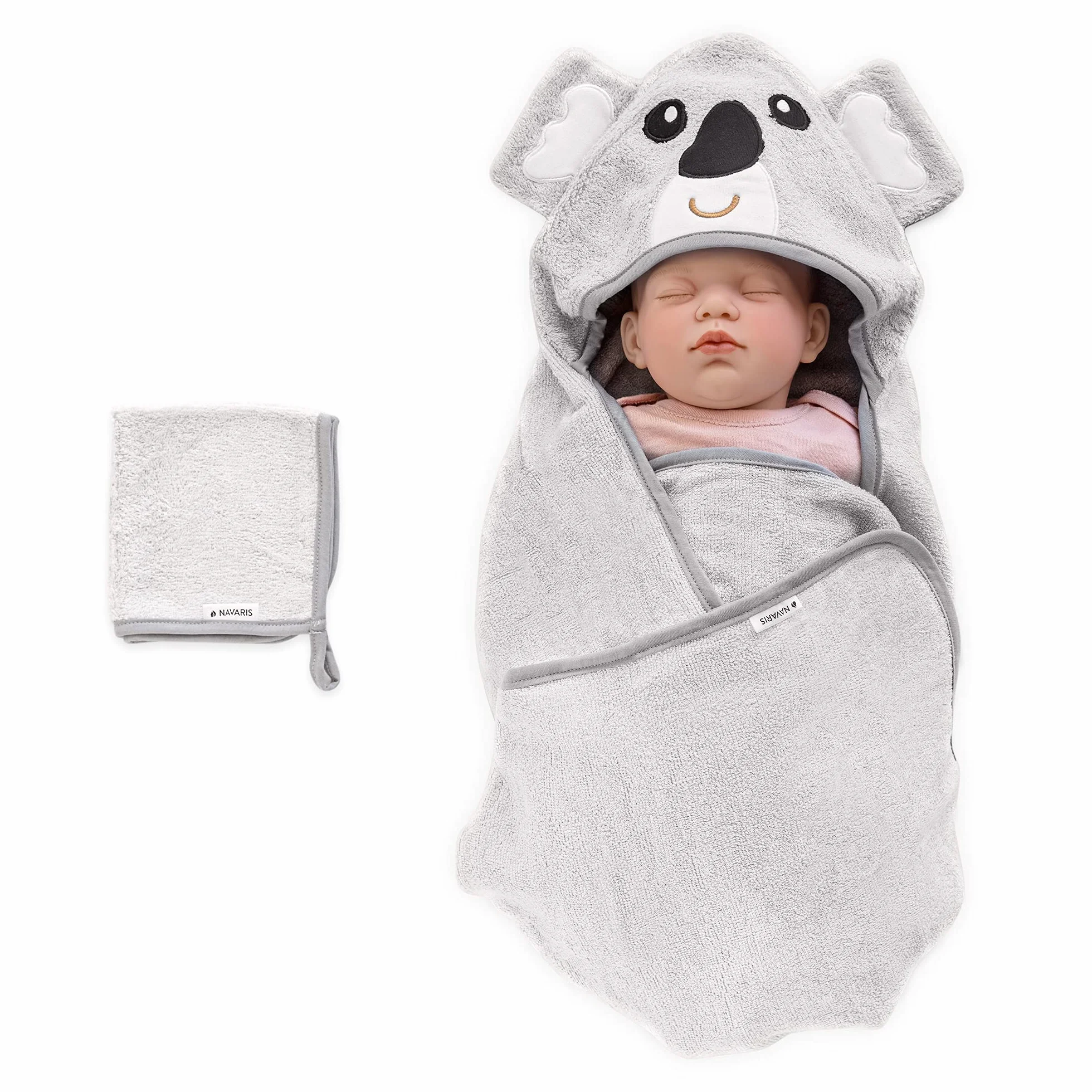 Navaris Set Asciugamano e Mussola Neonato - Accappatoio 70x70cm e Panno per Bambini 0-12 Mesi - Asciugamano con Cappuccio in Bambù OEKO-TEX - Koala