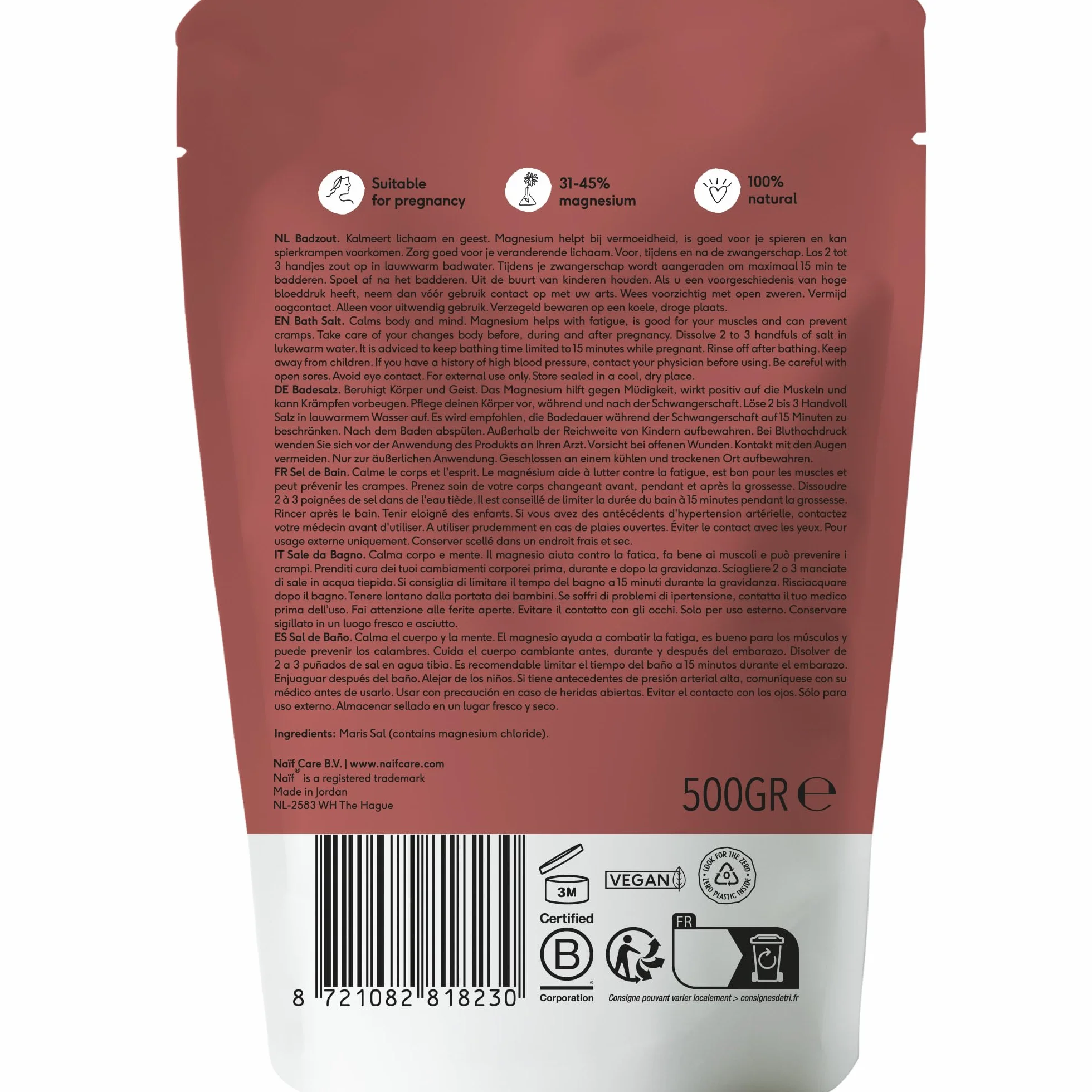 Naïf Sali da bagno al magnesio - Allevia dolori e crampi - Rilassamento muscolare - Bagno alcalino per disintossicazione - Sali da bagno alcalino - 500 g