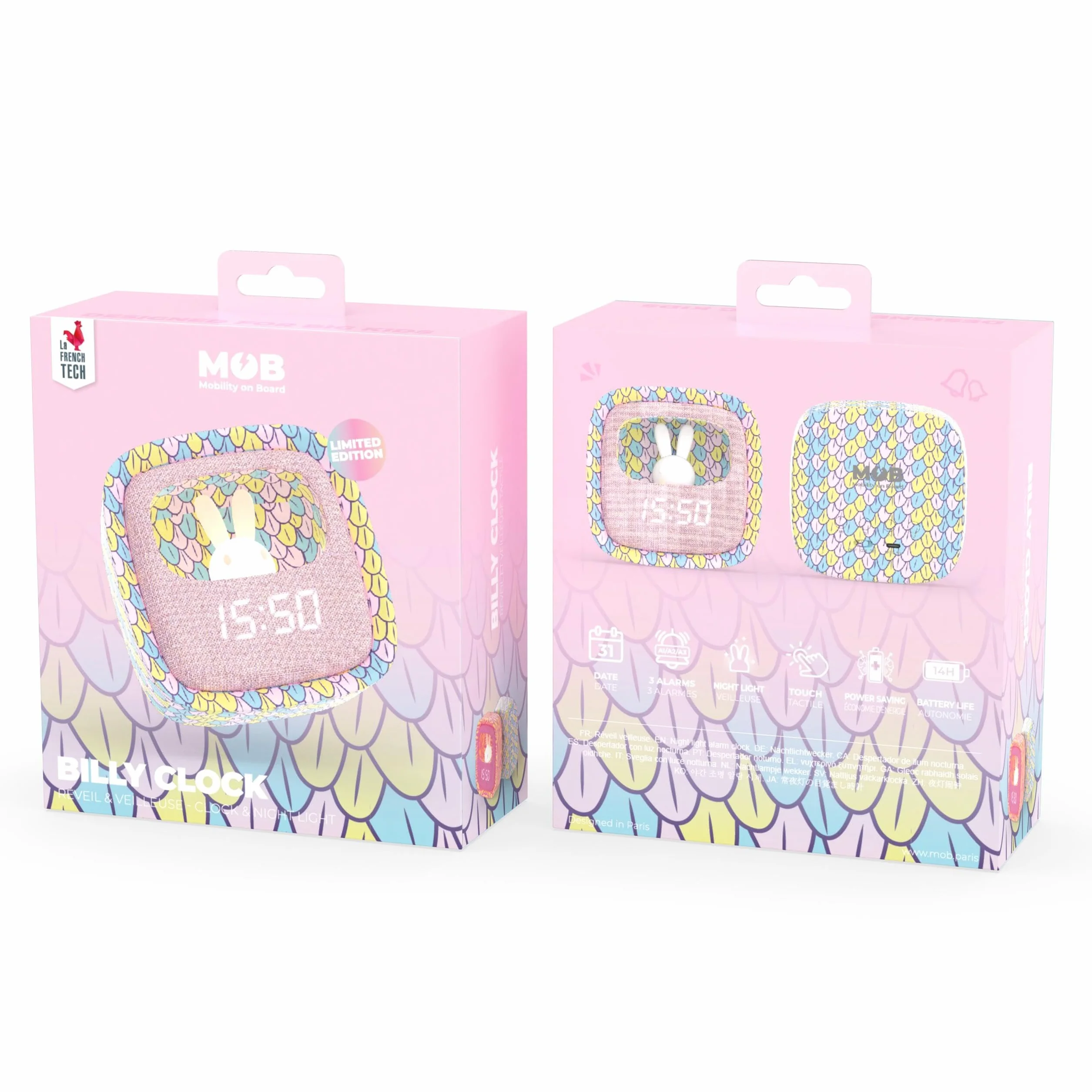 MOB – MOBILITY ON BOARD Billy Clock Sveglia e luce notturna per bambini Sirena arcobaleno - Motivo coniglio - Cornice in plastica morbida - Data, ora e 3 impostazioni di sveglia