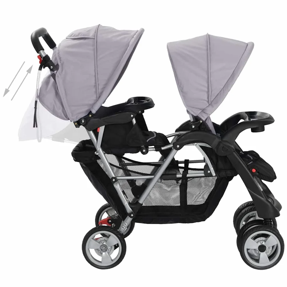 vidaXL Passeggino Gemellare a Tandem in Acciaio Grigio e Nero Carrozzina Bimbi