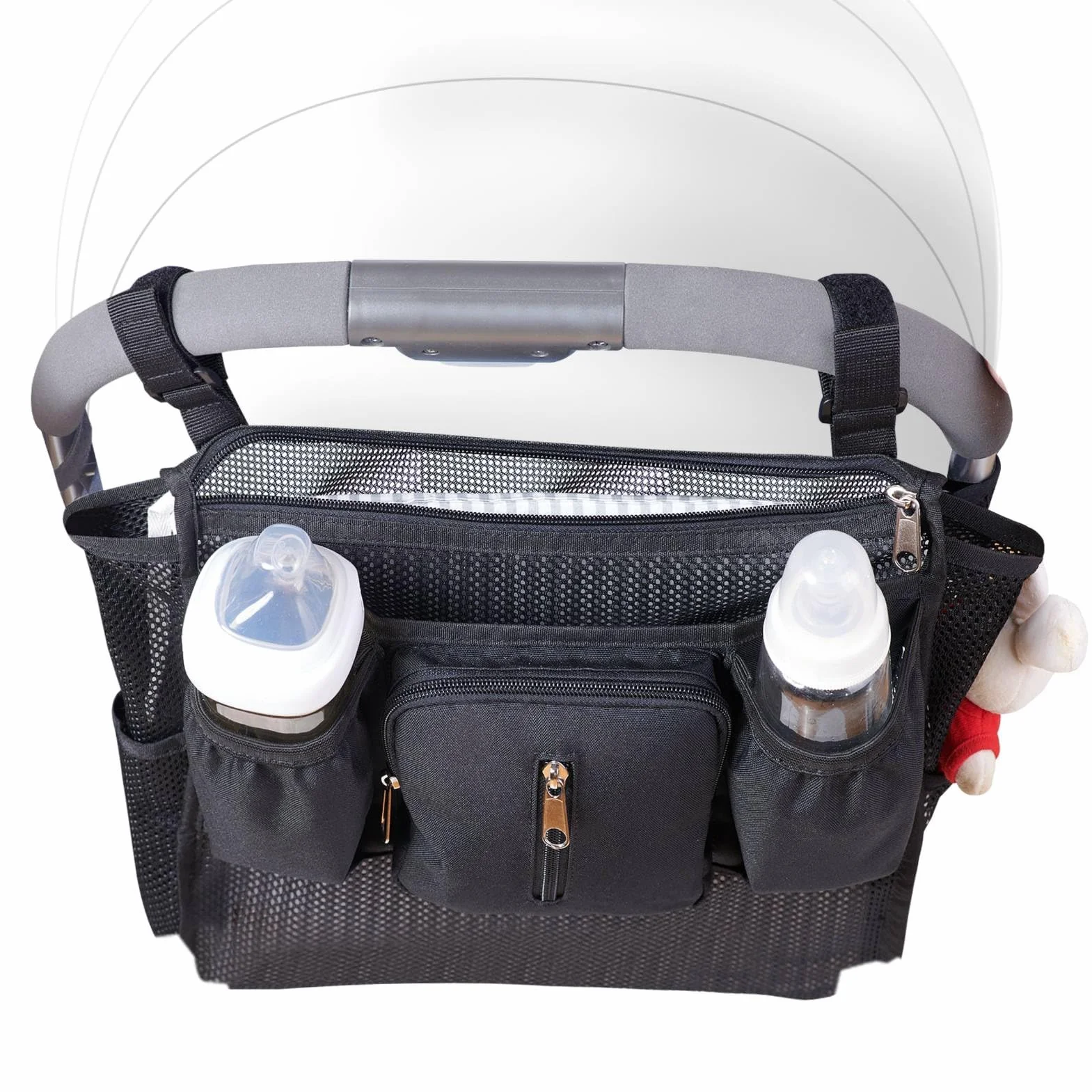 SUNVENO Organizer universale 2 in 1 per passeggino, portabicchieri isolati, tasca per telefono/polso con cerniera, tracolla laterale in rete, cinghie antiscivolo regolabili, si adatta alla maggior