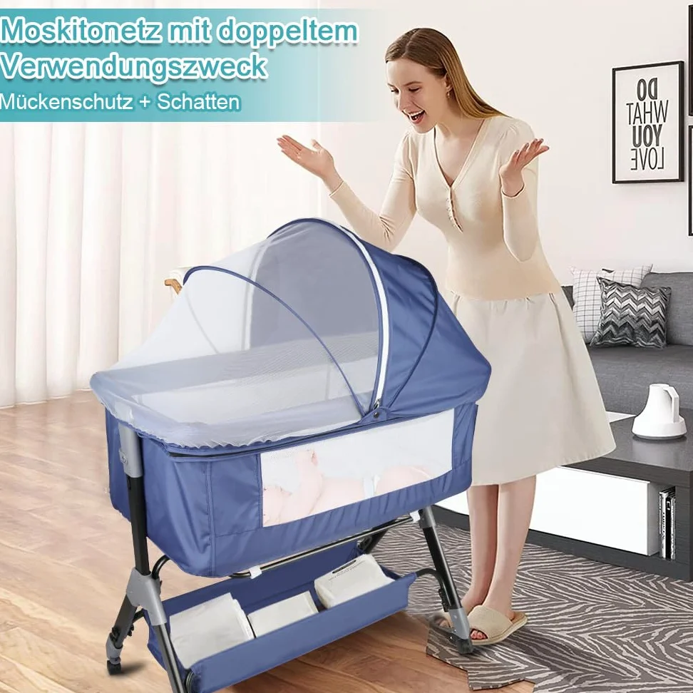 OHMG Culla Neonato con Materasso Imbottito,Culla Cododo,Culla Co-sleeping,Culla Bambini Pieghevole con 5 Altezze Regolabili,Lettino per Bambini,per Bambini 0-6 Mesi (Blu tibetano (104x52x103-115cm))