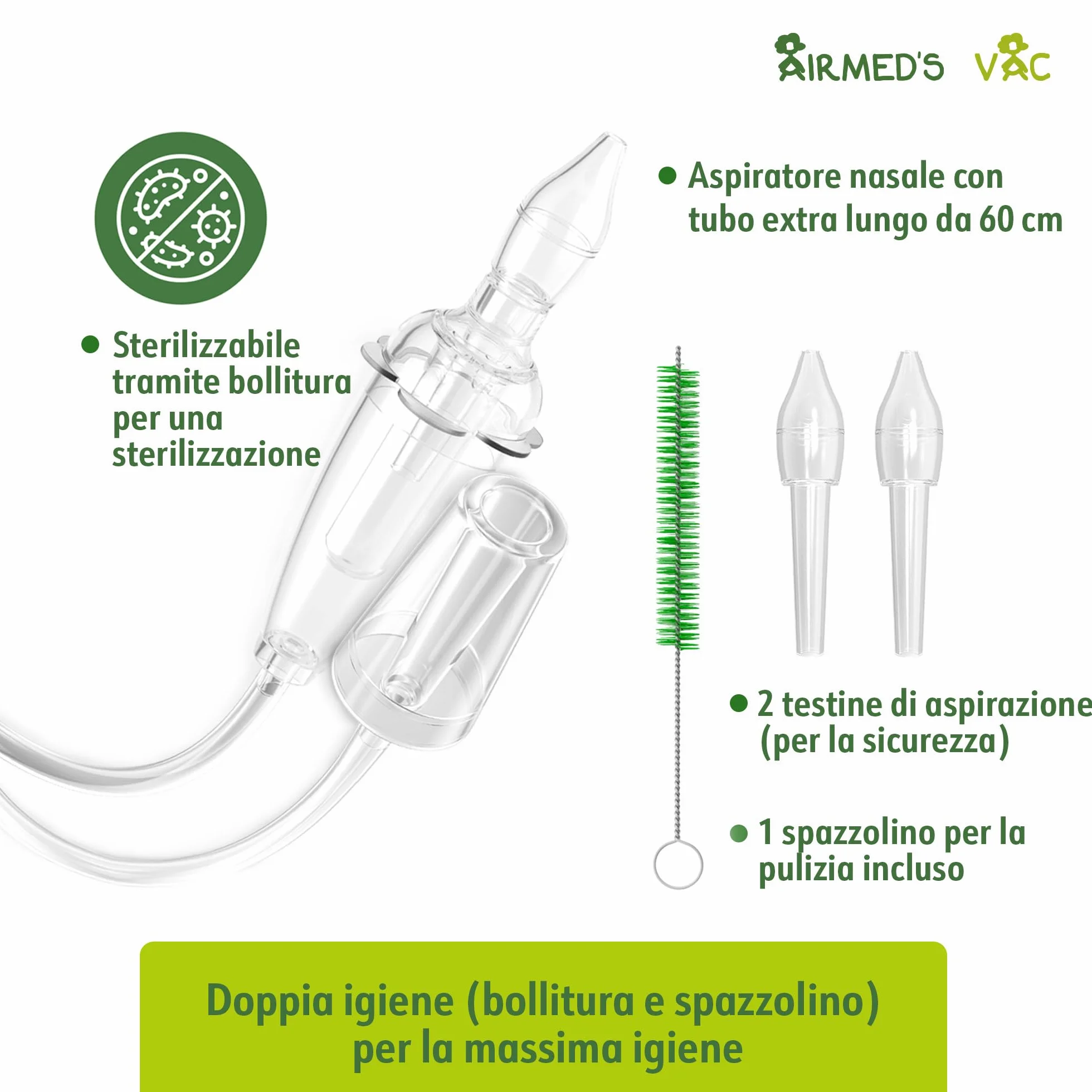 Airmed's Vac Aspiratore nasale neonato. Clinicamente testato e sicuro | Naso libero in 3 secondi. Con 2 testine di aspirazione e spazzolina per la pulizia. Compatibile con tutti gli aspiratori