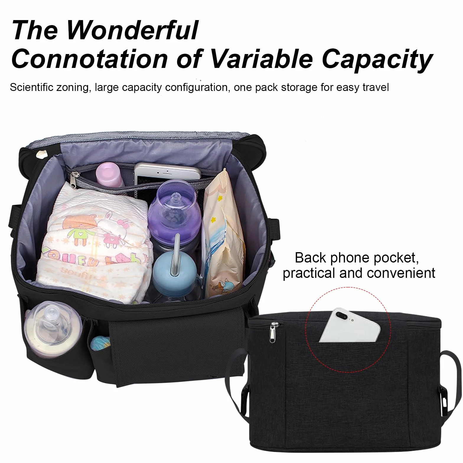 BouGPeng Borsa Organizer per Passeggino con Cerniera e Tracolla e Portabicchieri Universale Portaoggetti da Appendere Passeggino Impermeabile Nero Organizzatore per Passeggino Bambini