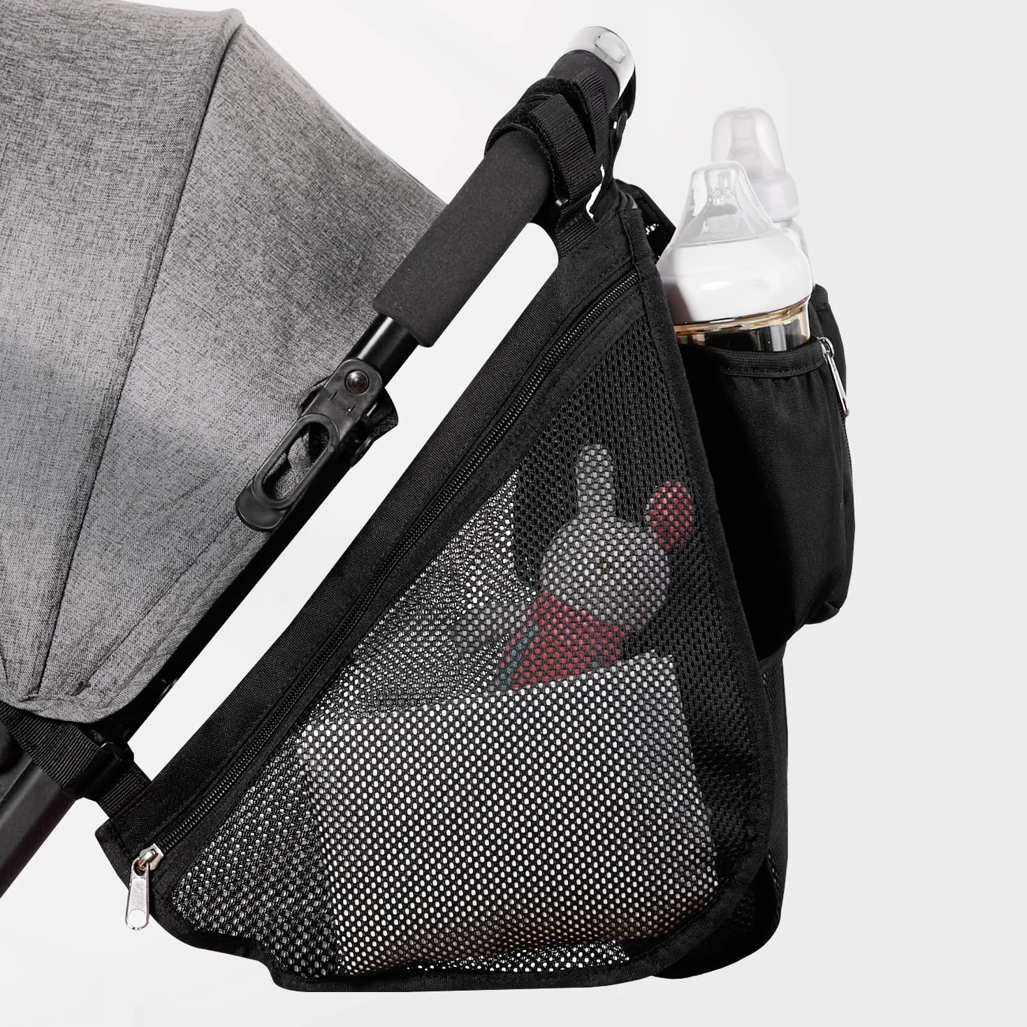 SUNVENO Organizer universale 2 in 1 per passeggino, portabicchieri isolati, tasca per telefono/polso con cerniera, tracolla laterale in rete, cinghie antiscivolo regolabili, si adatta alla maggior