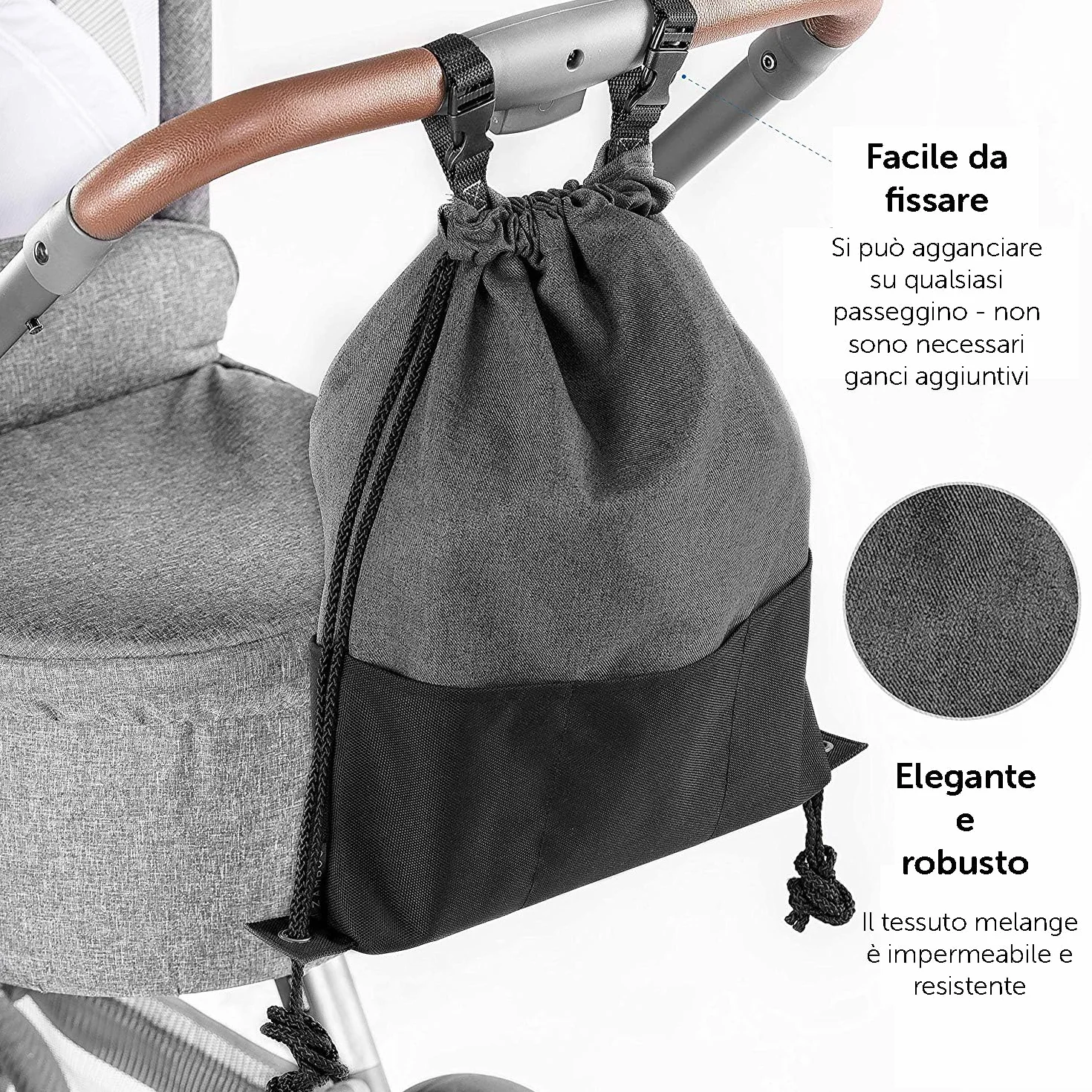 Zamboo Borsa Passeggino Universale - Borsa Organizer Passeggino con Ganci per Maniglione - Borsa Carrozzina Neonato - Grigio Nero