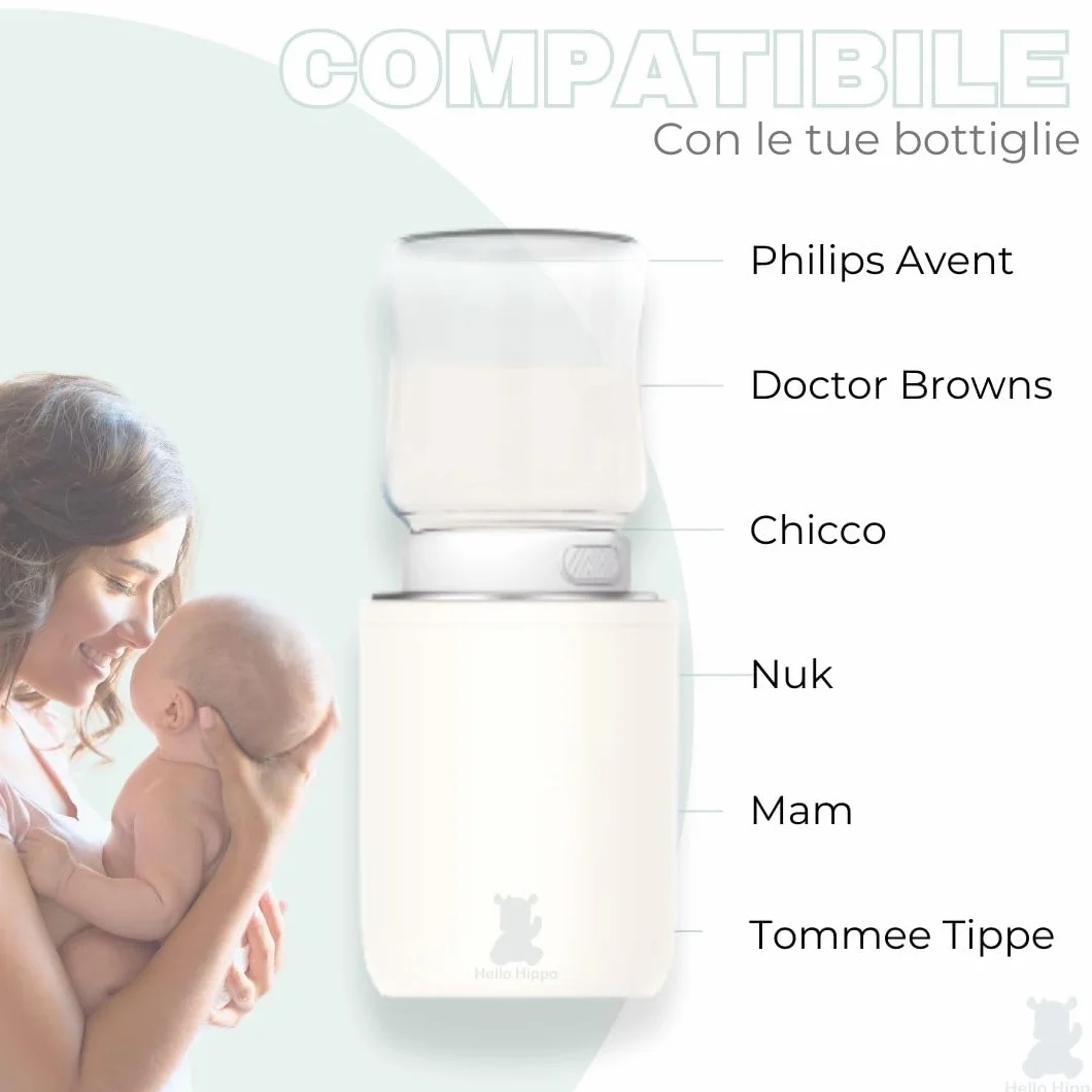 Hello Hippo - Scaldabiberon Portatile e Compatto | USB-C Ricaricabile, Antigoccia, Compatibile con Philips Avent, MAM, NUK | 4 Temperature Regolabili | Riscaldamento Rapido ed Efficiente
