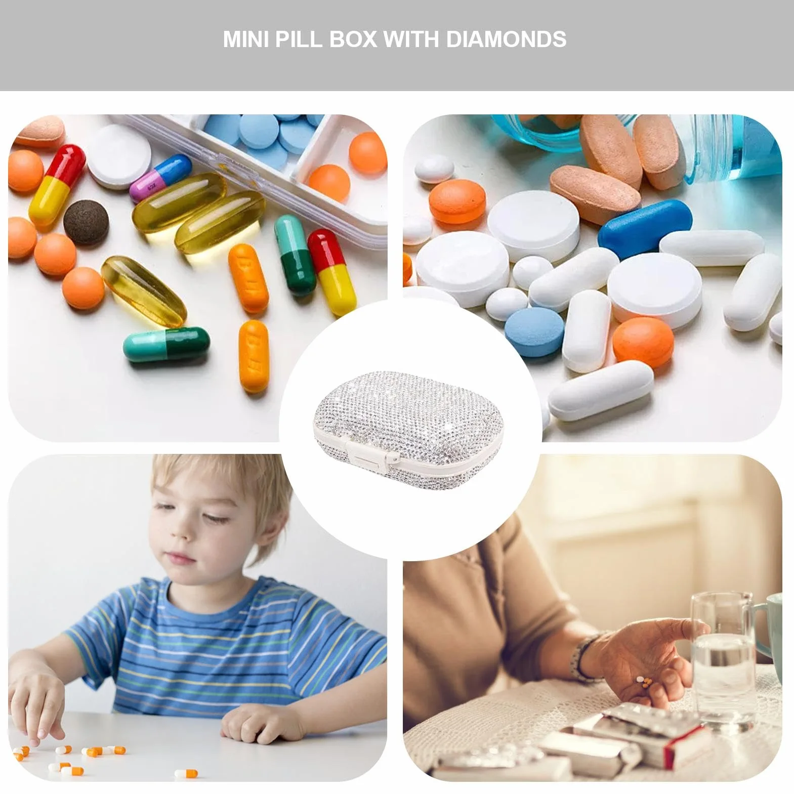 Portapillole - Portapillole con brillantini, portapillole, portapillole con scomparti, organizzatore per pillole da viaggio, organizzatore settimanale per la casa e i viaggi, bianco, rosso, bu