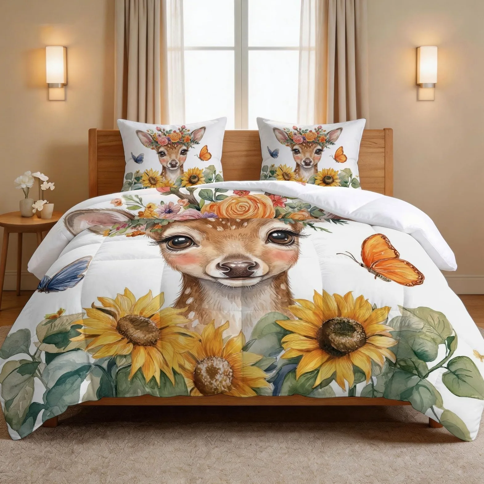 Piumino Animale Giraffa Girasole Stampato 2 Persone Reversibile 200 x 200 cm, morbido piumino 4 stagioni senza copripiumino, anallergico lavabile Cartoon floreale modello per bambini adolescenti