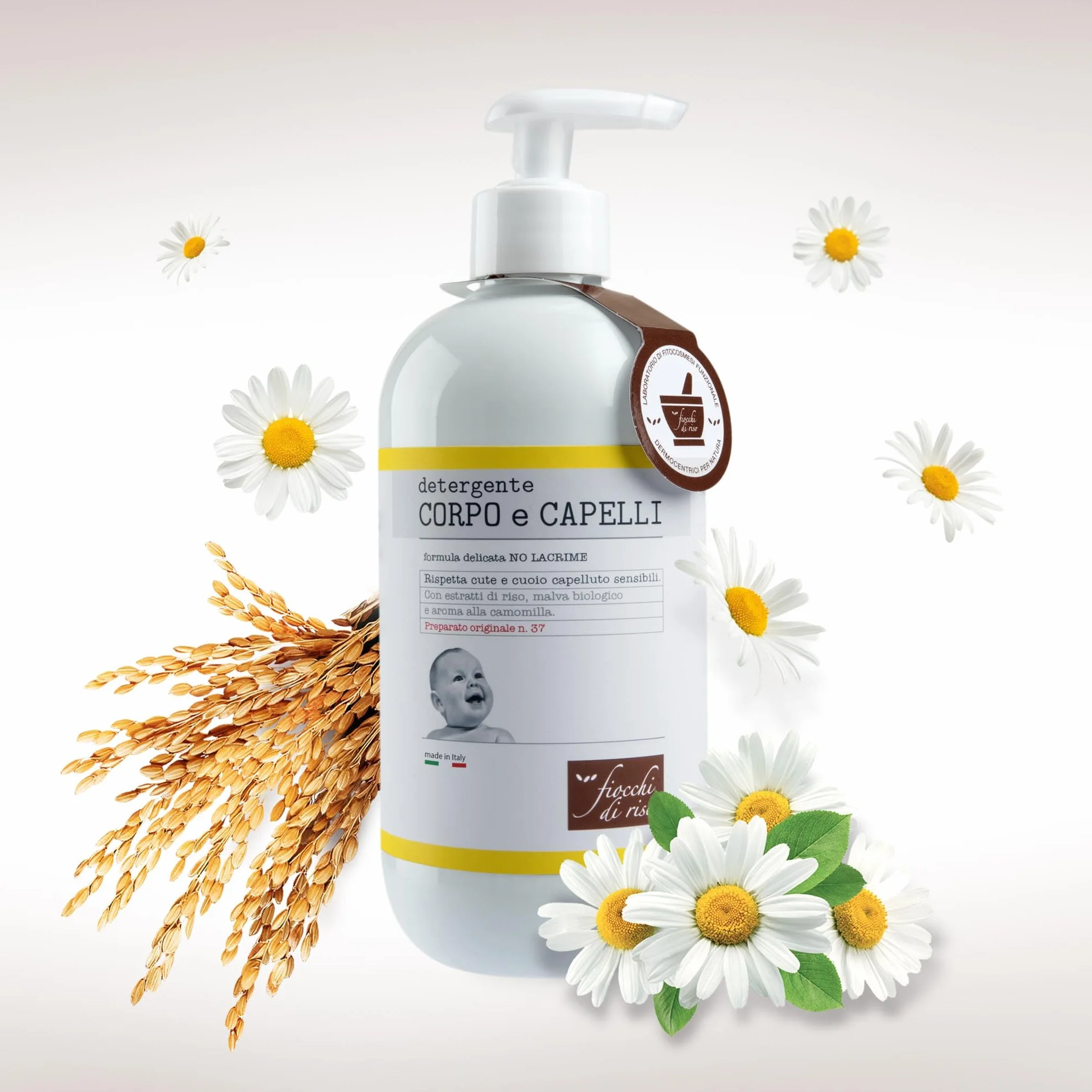 Fiocchi di Riso - Detergente CORPO e CAPELLI Camomilla- 400ml - DETERGENZA NEONATI - rispetta cute e cuoio capelluto sensibili. Pack riciclato