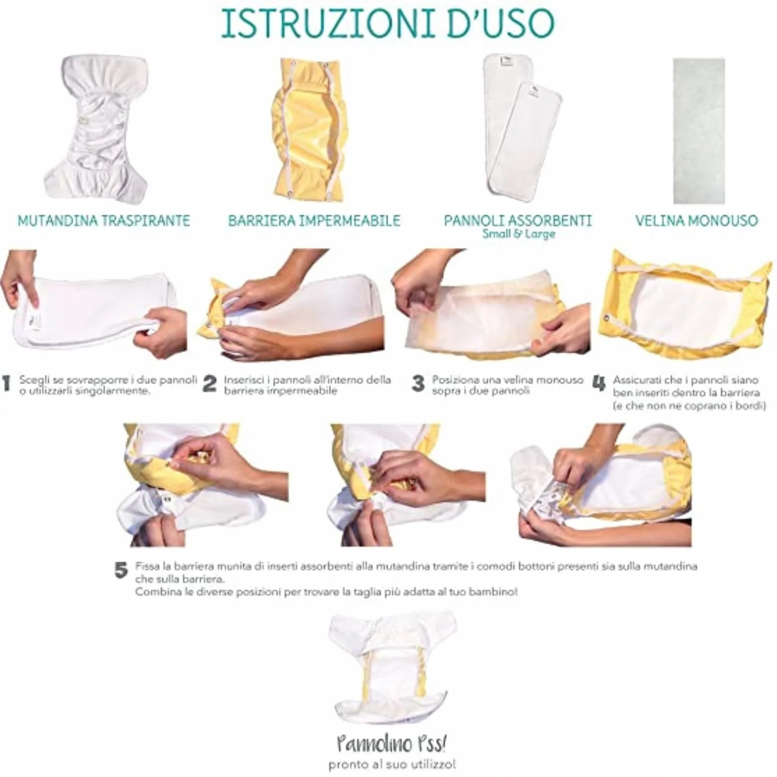 Pss! Pannolino riutilizzabile in tessuto regolabile con bottoni, per bambini da 0 a 3 anni - 4 assorbenti e 2 barriere contenitive - Impermeabile e comodo - 1 unità - Modello Glam -Squali