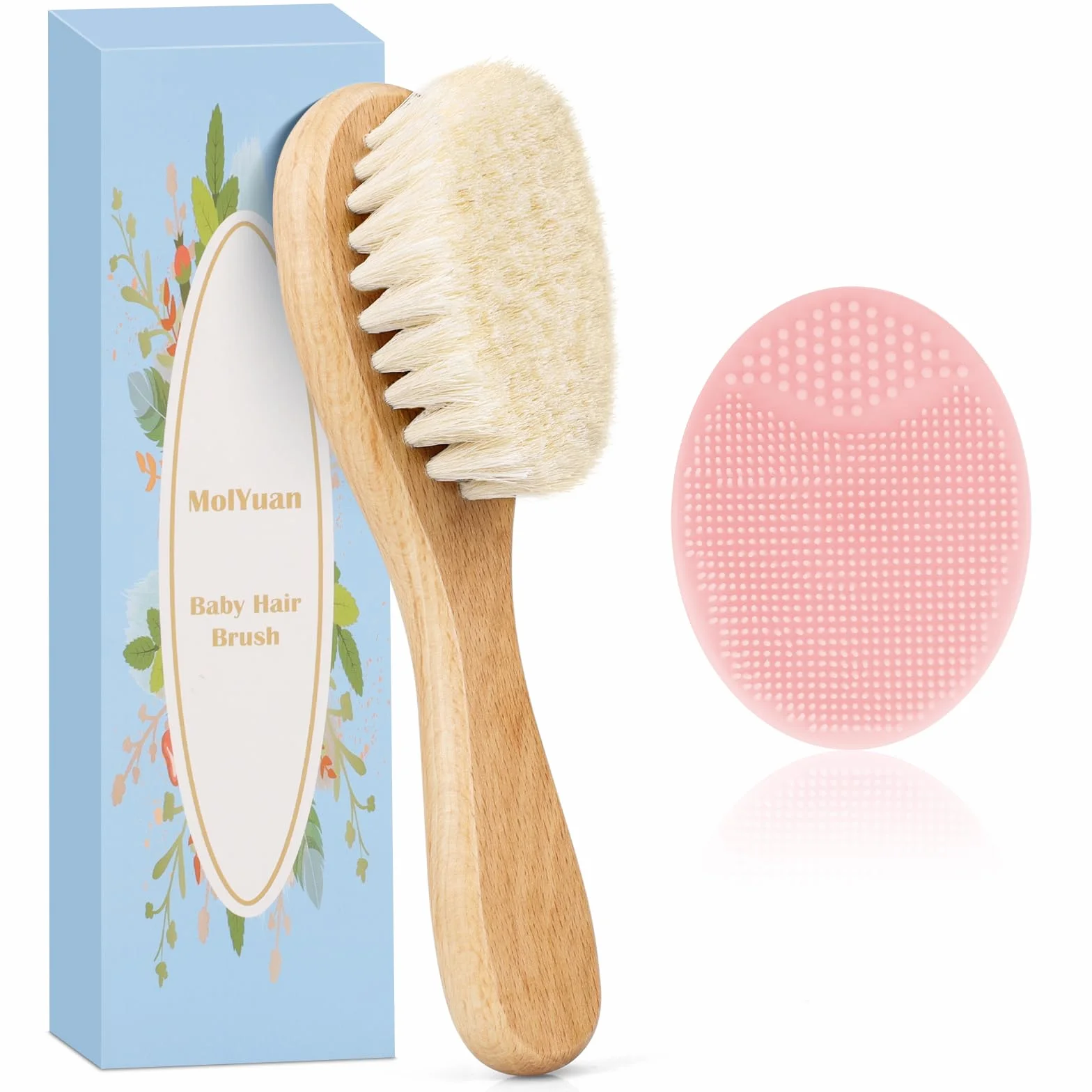 Set di 2 spazzole per capelli per bambini, con setole di capra e tappo per culla (2 unità (Rosa Spazzolino in silicone + spazzolino))