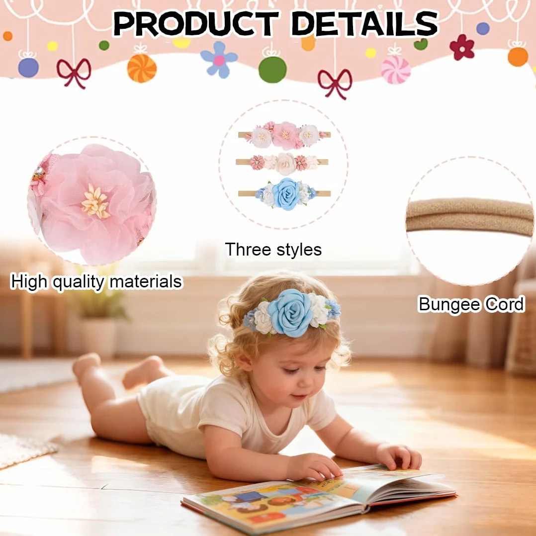 Set 3 Fasce Capelli Neonato – Fascia elastica morbida con fiocchi e fiori, Accessori capelli bambina per foto, uso quotidiano e idea regalo