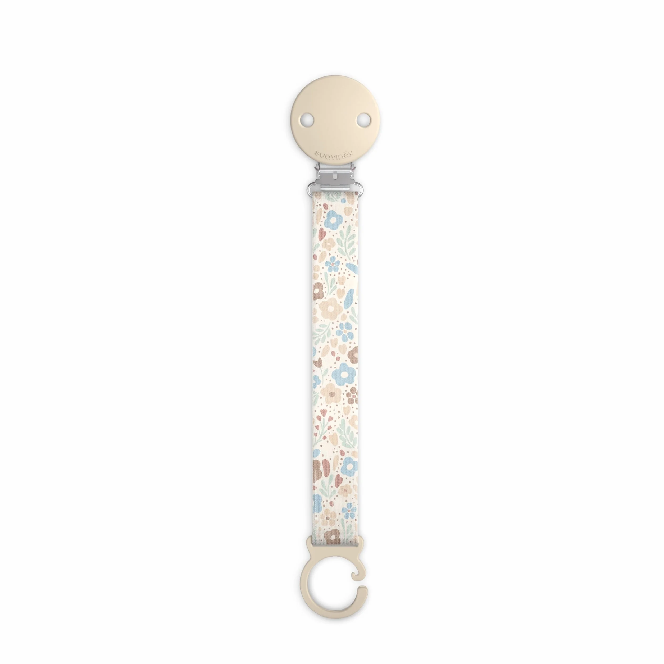 Suavinex, Portaciuccio in tessuto per neonati, Nastro con disegno double-face, Catenella per ciuccio, Clip con fermaglio, per ciucci con anello. +0 mesi, adatto ai neonati, Wonder Fiori Beige