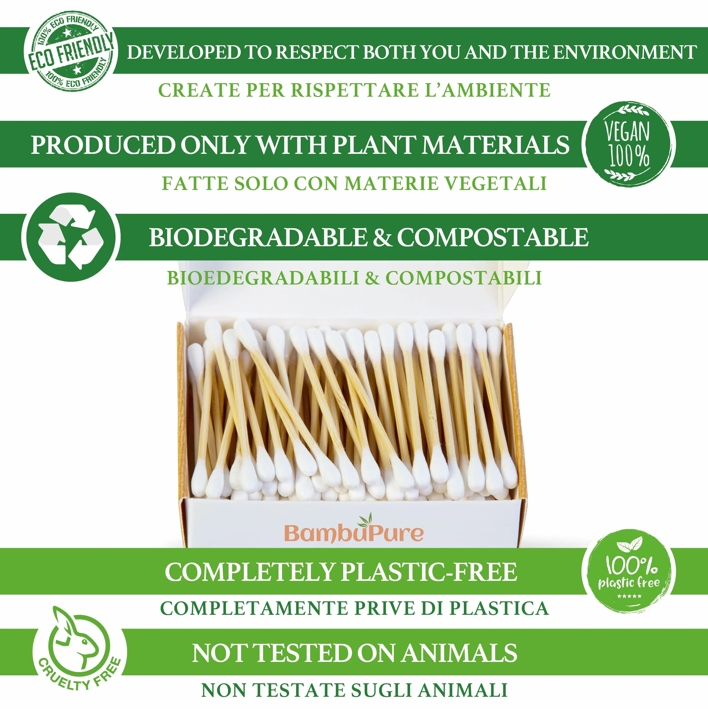 Cotton Fioc Bamboo | Bastoncini Biodegradabili 100% | Cotton Fioc in Bambù e Cotone | Eco Friendly e Zero Waste | Plastic Free e Compostabili | 4 Scatole | Regali Ecosostenibili