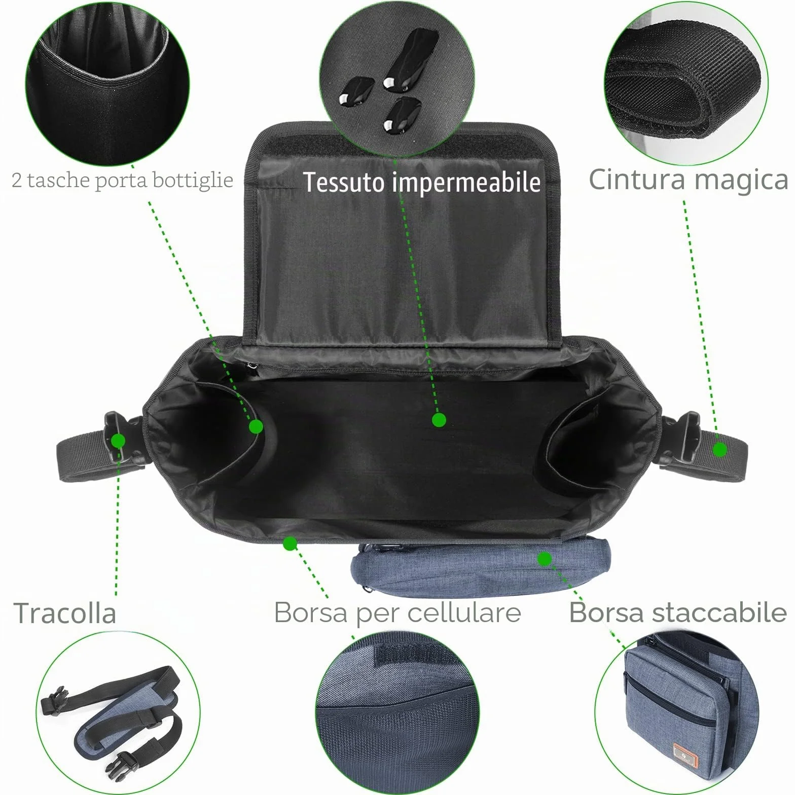 Nuova borsa portaoggetti passeggino, organizer passeggini contiene 2 portabiberon per pannolini e giochi, Adatto a tutti i modelli di Buggy