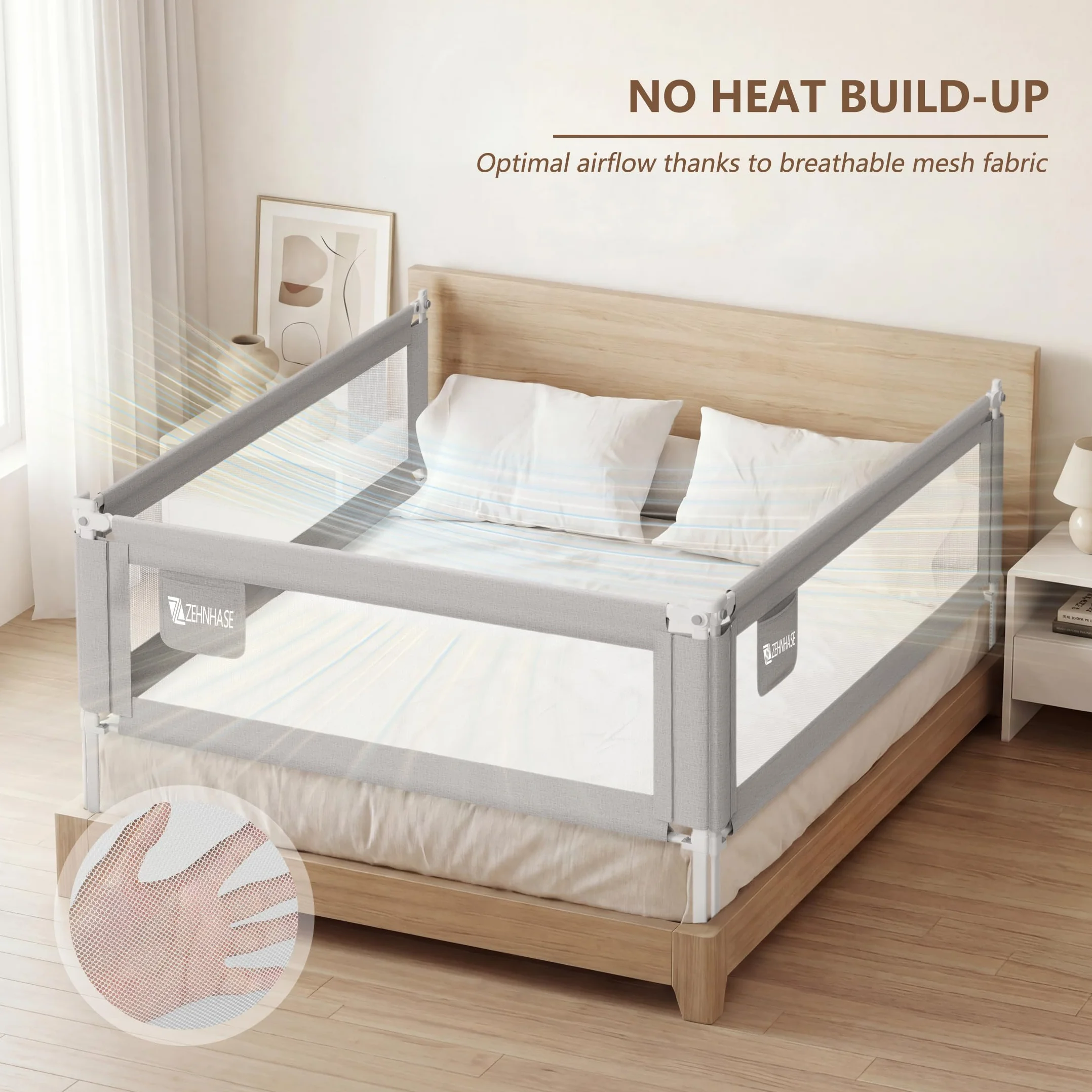 Sponda letto bambini extra alta e traspirante, barriera per letto con sollevamento verticale, blocco di sicurezza, tasca e facile montaggio (190cm, grigio, 1lato)