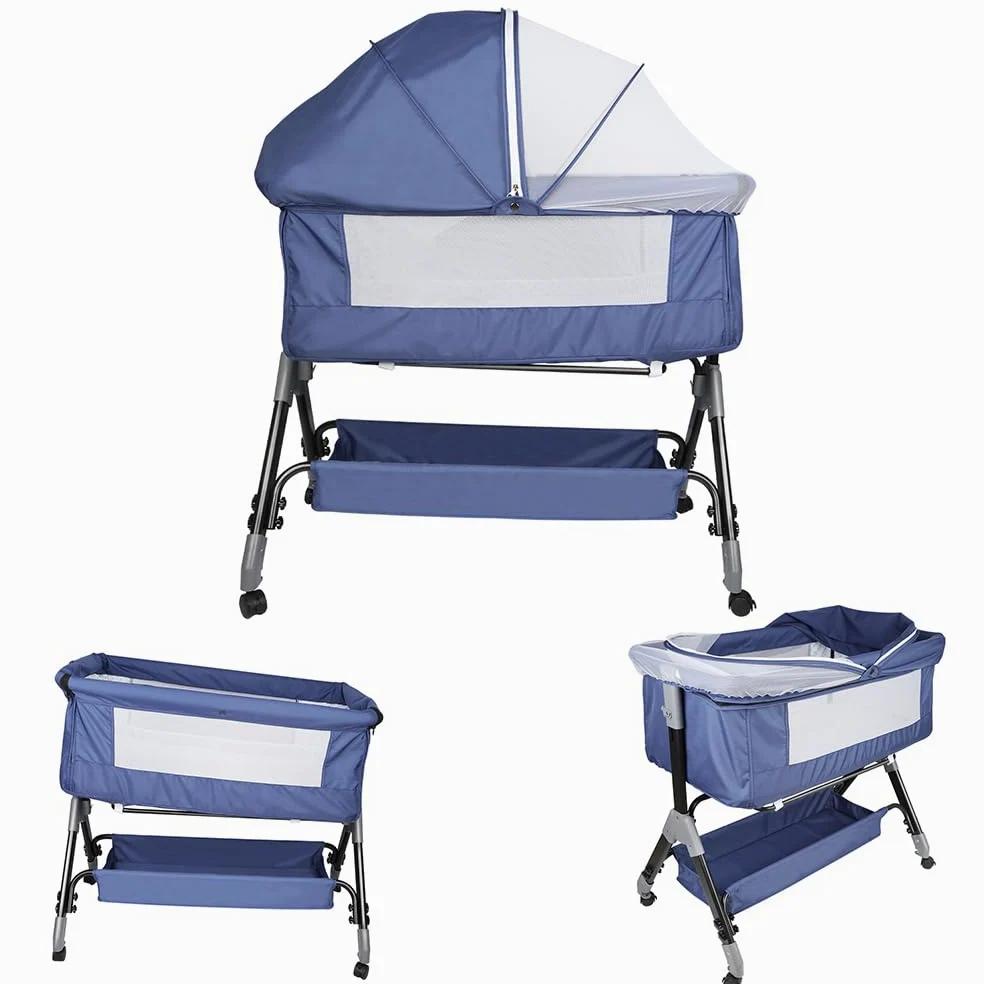 OHMG Culla Neonato con Materasso Imbottito,Culla Cododo,Culla Co-sleeping,Culla Bambini Pieghevole con 5 Altezze Regolabili,Lettino per Bambini,per Bambini 0-6 Mesi (Blu tibetano (104x52x103-115cm))
