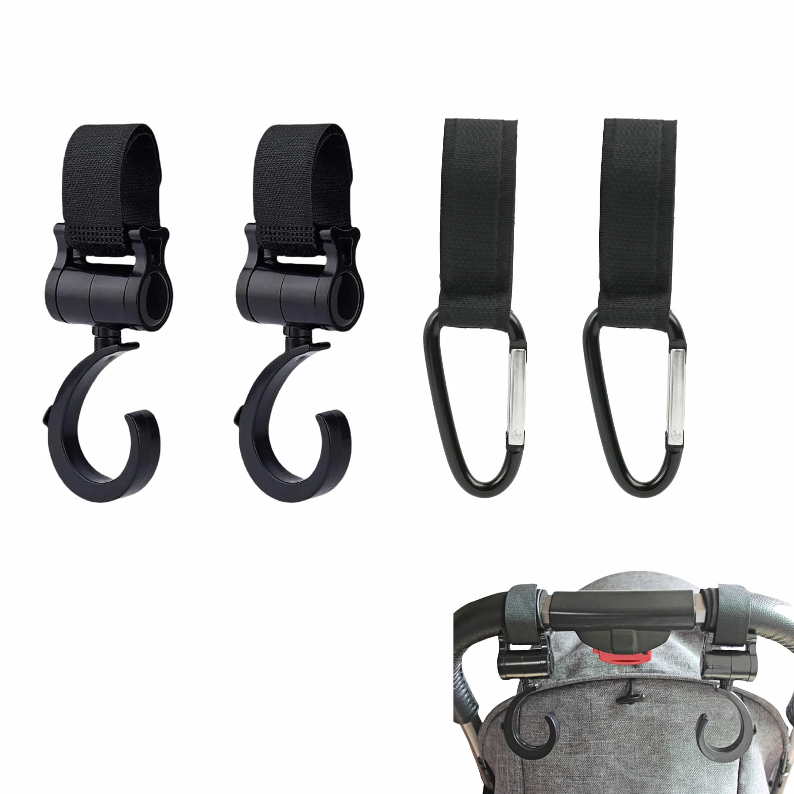 Set di 4 Pezzi, Ganci Passeggino, Universali Rotanti, Ganci Multifunzionali per Passeggini, Carrelli e Trolley, Nero, Facili da Installare, Resistenti e Adattabili