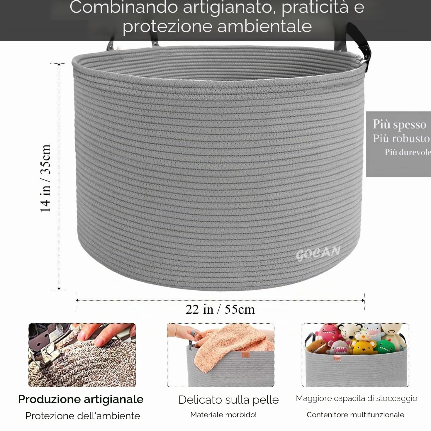 GOCAN XXXL Cesto Portaoggetti, Cesto Grande, Cesto per Biancheria in Corda di Cotone, Cesto per Biancheria per Coperte, Cuscini nel Soggiorno, Vestiti Giocattoli nella Cameretta dei Bambini, grigio