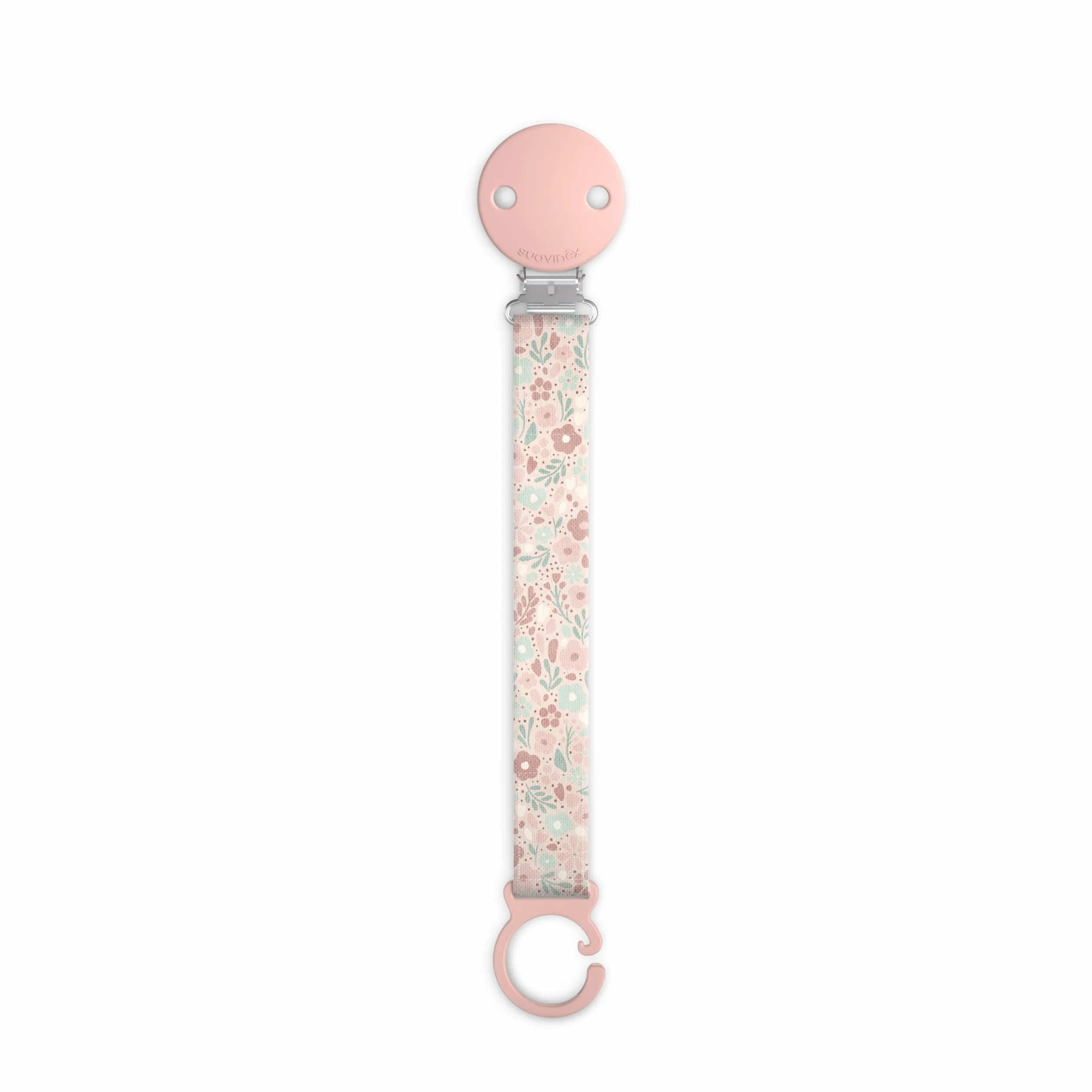 Suavinex, Portaciuccio in tessuto per neonati, Nastro con disegno double-face, Catenella per ciuccio, Clip con fermaglio, per ciucci con anello. +0 mesi, adatto ai neonati, Wonder Fiori Rosa