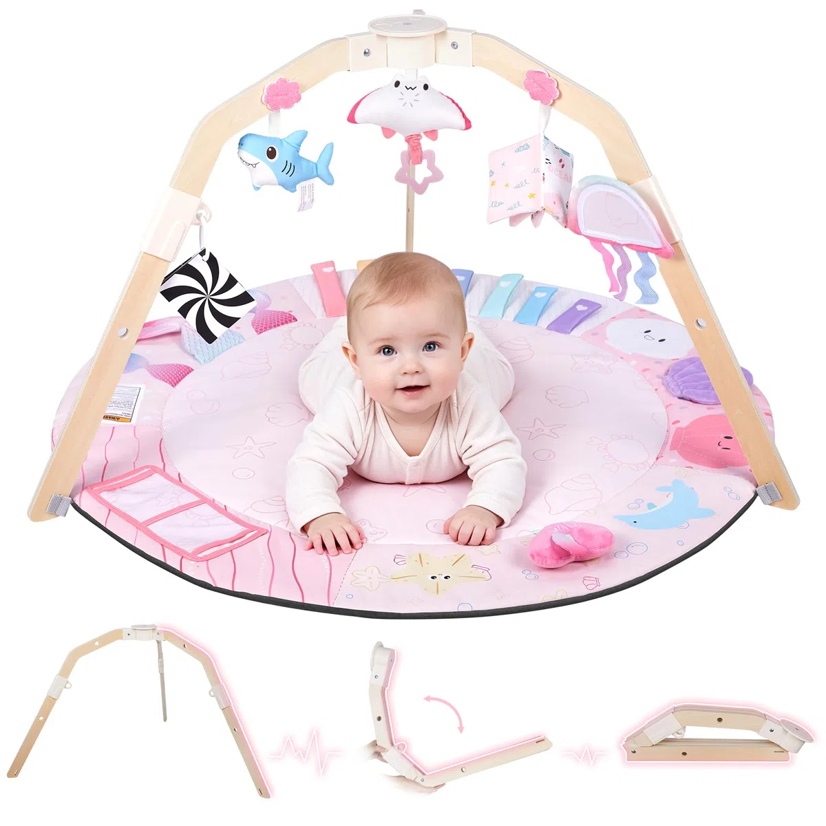 PG2601-MT - Tappetino da gioco per bambini, con 5 giocattoli sensoriali staccabili, tappetino da gioco pieghevole per lo sviluppo basato sul palco, regalo essenziale per la doccia del