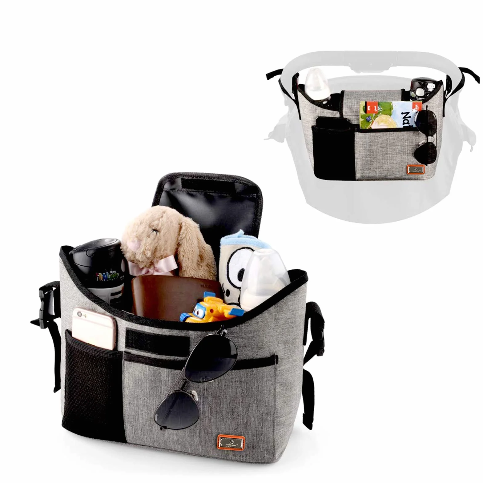 Borsa Per Passeggino, Custodia Per Passeggino Per Accessori Per Bambinio, Con 2 Portabicchieri E Tracolla, Utilizzata Come Borsa A Tracolla, Universale Per Tutti I Modelli Di Passeggini (Grigio)
