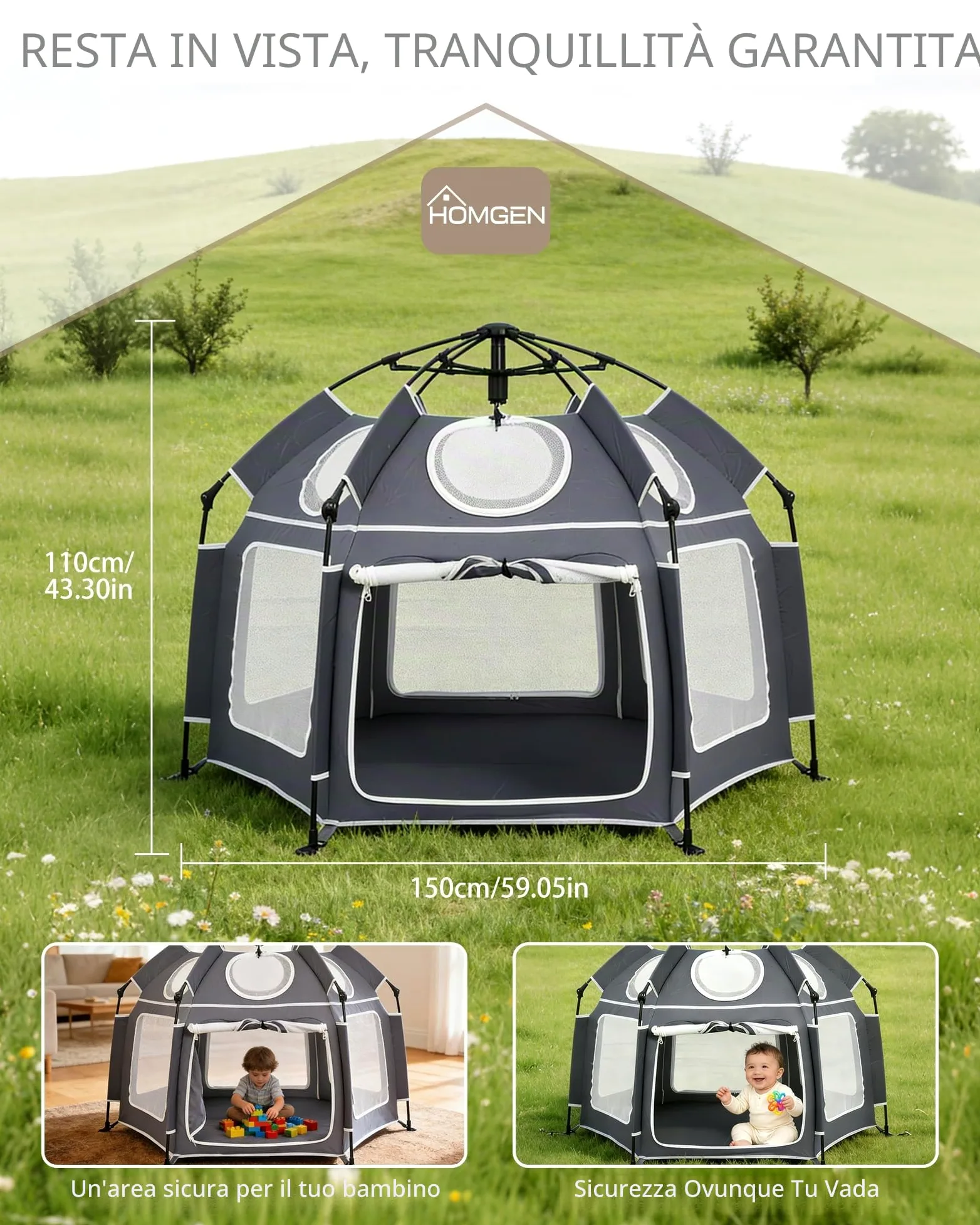 HOMGEN Box Pieghevole POP-UP 150x110 cm con Copertura UV Rimovibile in Tessuto Oxford 210D Box da Esterno per Bambini Portatile in Rete per Spiaggia, Parco e Casa