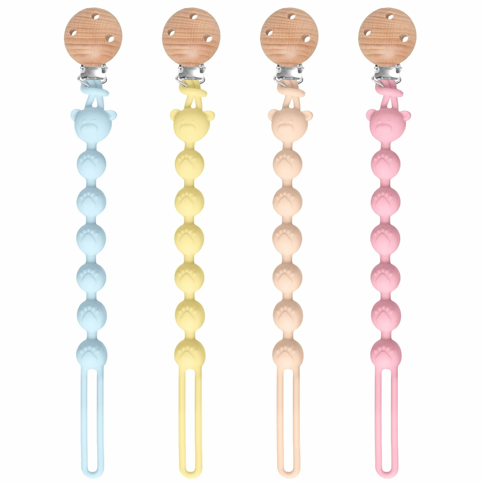 4 catenelle per ciuccio, in silicone, flessibilità, facile da pulire, catena per ciuccio e massaggiagengive 2 in 1, design 2 in 1, catenella per ciuccio, in legno, portabilità, aiuto dentale per