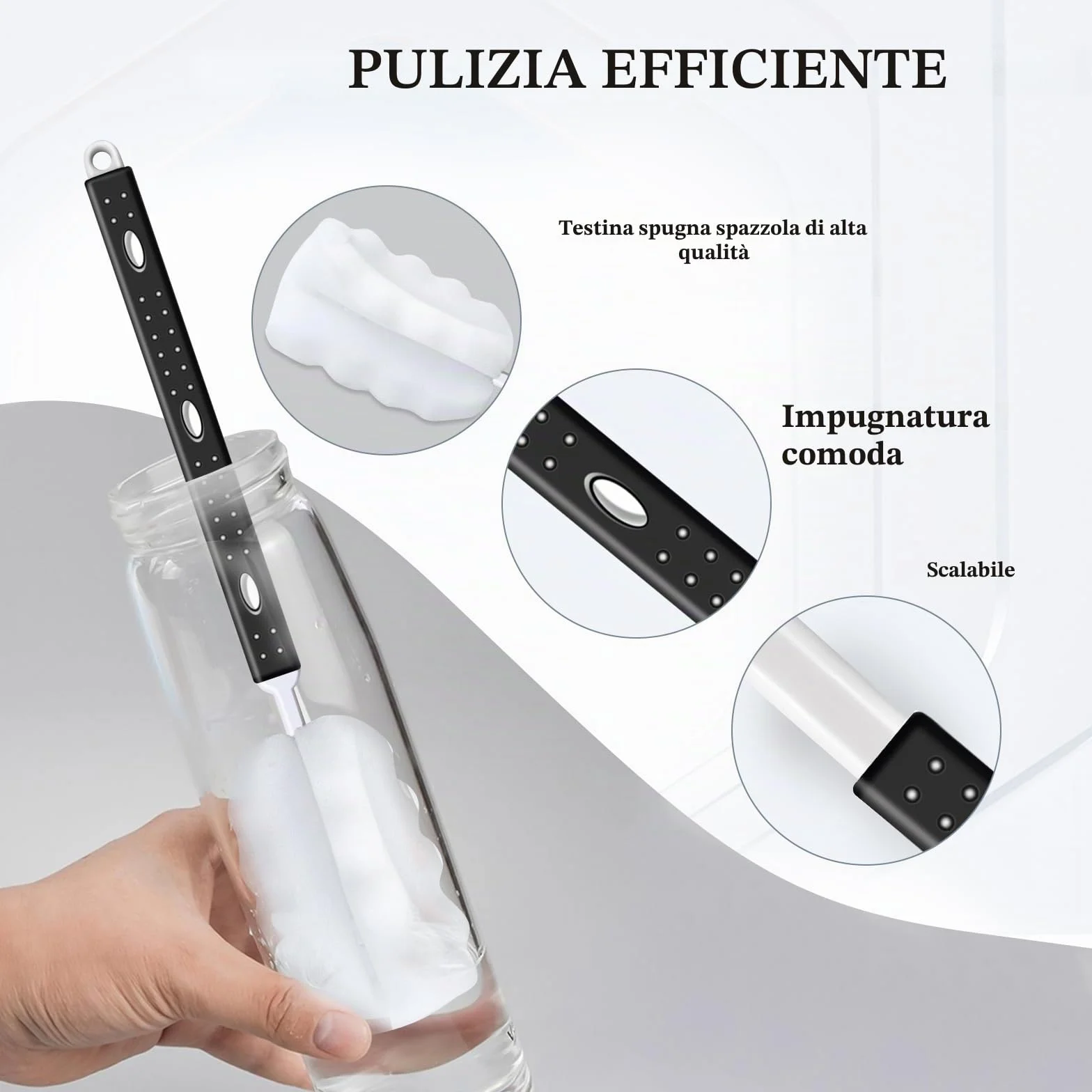 2 pezzi Scovolino per Bottiglie in Spugna, Scovolino Bottiglie, Manico Regolabile Scovolino per Borraccia, Spazzola per Bottiglie, Pennelli per Bottiglie per Biberon, Vetro, Tazza, Bollitore, Vaso